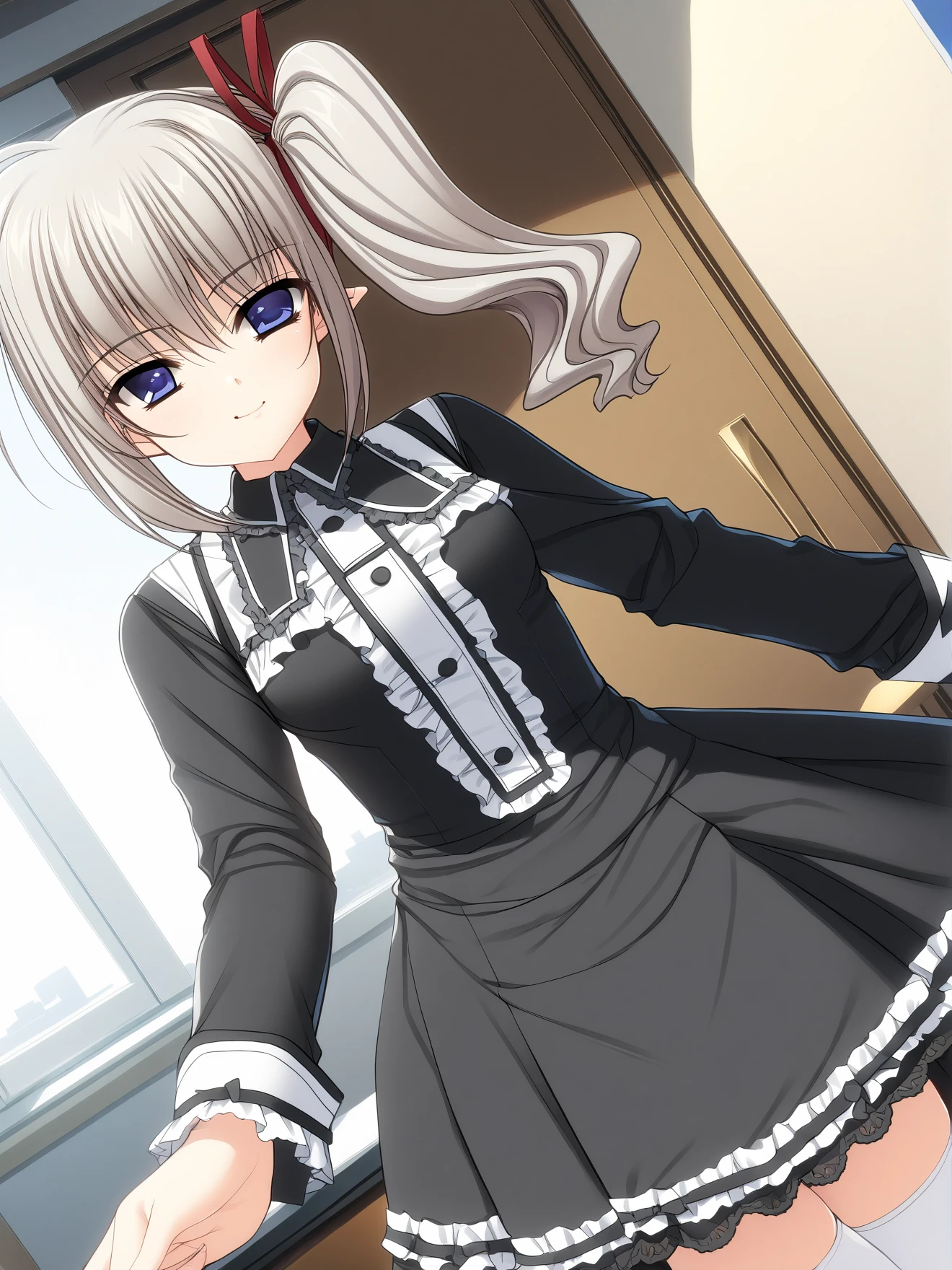 masterpiece, best quality, high quality, aesthetic, absurdres, insanely detailed,
1girl, white thighhighs, pointy ears, dutch angle, zettai ryouiki, blue eyes, black dress, side ponytail, ribbon, long sleeves, light smile, grey hair, frills, 
<lora:nishimata-aoi-style-xl_v1.0:1>