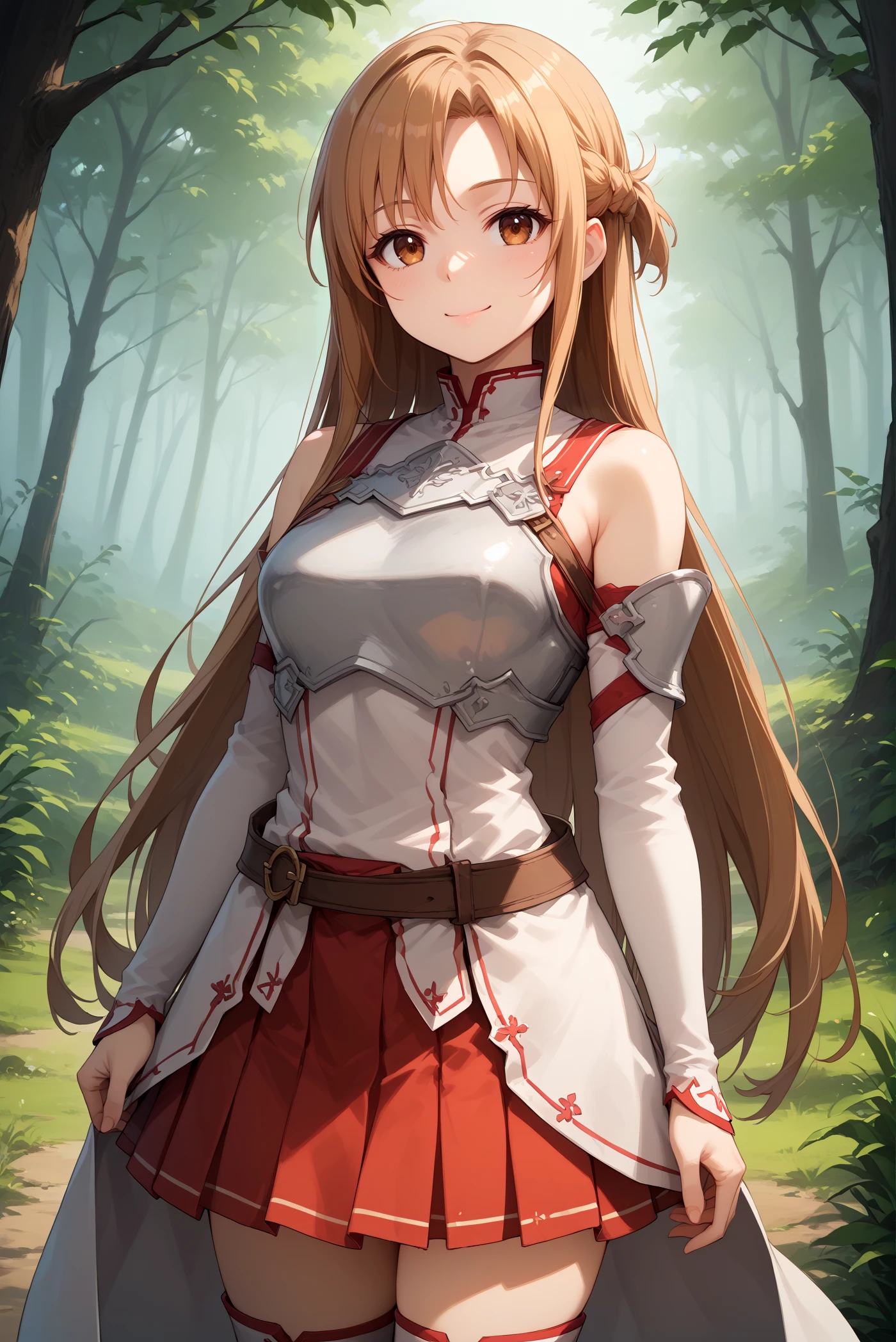 score_9, score_8_up, score_7_up, score_6_up,
<lora:P-Asuna:1> 4sun4, arm0, 1girl, long hair, brown hair, breastplate, brown eyes, solo, armor, looking at viewer, smile, detached sleeves, bare shoulders, braid, white sleeves, closed mouth, red skirt, thighhighs,
standing, forest background,