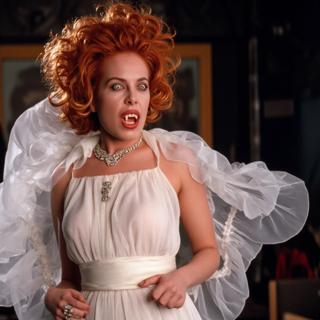 cinematic film still of <lora:vampire style v1:0.8> <lora:fangs style v2:0.8>
Vampire Lucy Westenra a woman with a frozen red hair and a white dress, 1girl, solo, breasts, jewelry, medium breasts, red hair, nail polish, lips, makeup, ring, lipstick, realistic, afro, cinematic, filmic, realistic, still, horror themed, vampire style, detailed, detailed background, detailed scene, detailed teeth, detailed fangs, upper body, photorealistic, shallow depth of field, vignette, highly detailed, high budget, bokeh, cinemascope, moody, epic, gorgeous, film grain, grainy