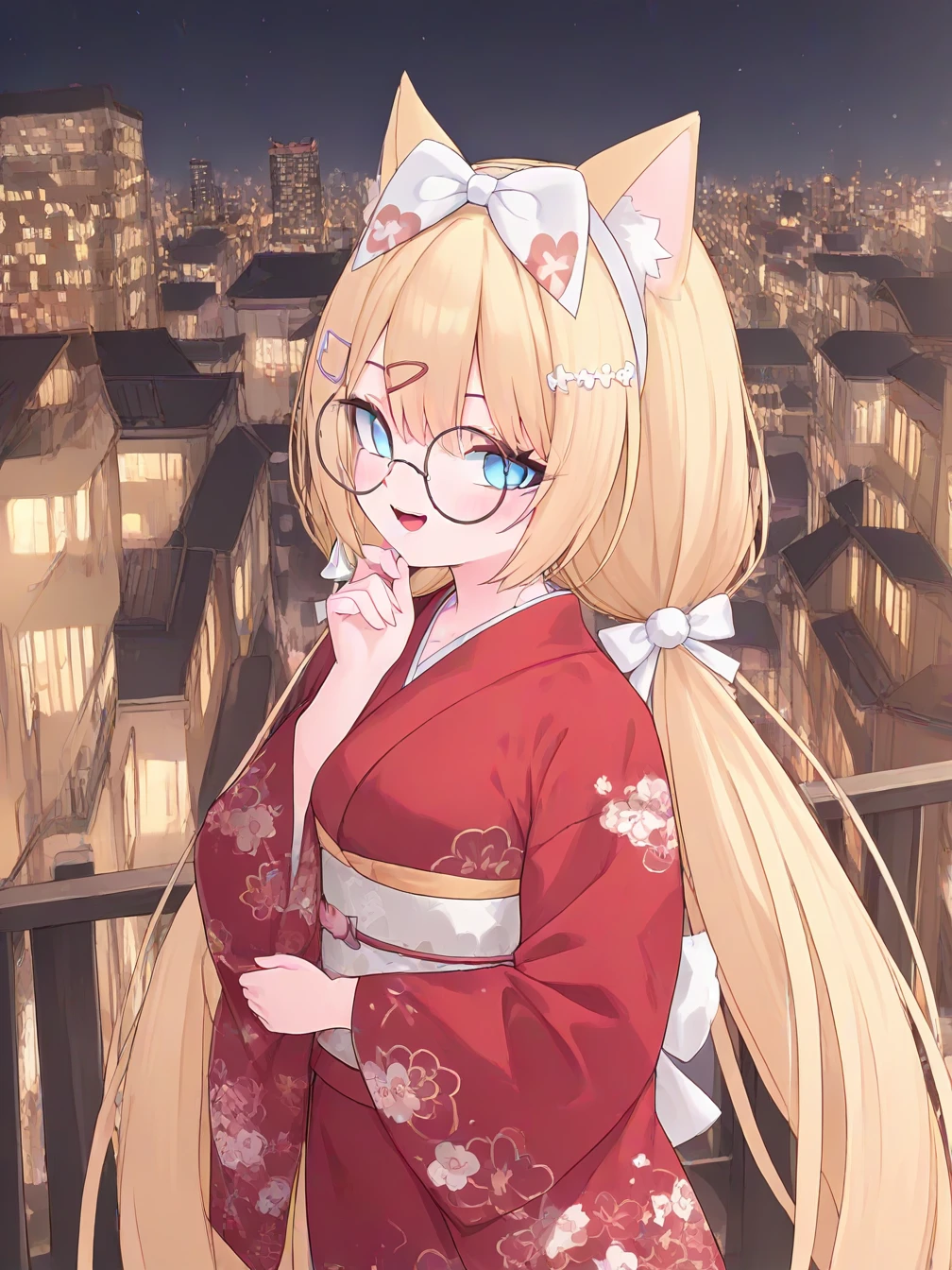 1girl,aaaki,solo,cat ears,animal ears,animal ear fluff,blonde hair,low twintails,twintails,long hair,bow,hair bow,bow hairband,hairclip,round eyewear,glasses,blue eyes,hair ornament,breasts,
looking at viewer,japanese clothes,smile,dress,kimono,red dress,very long hair,cityscape,sash,city,building,red kimono,obi,hand up, hand on own chin, open mouth,
<lora:ill-xl-01-aaaki_6-000032:0.6>,<lora:ill-xl-01-rurudo_2:1>,, masterpiece, best quality, newest,