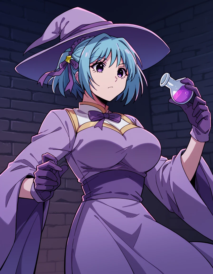 score_9, score_8_up, score_7_up, source_anime, <lora:kurumu-kurono-s2-ponyxl-lora-nochekaiser:1>, kurumu kurono, short hair, blue hair, purple eyes, ponytail, ribbon, hair ribbon, hair ornament, large breasts,, <lora:wizard-ponyxl-lora-nochekaiser:1>, wizard, wizard hat, robe, dress, long sleeves, gloves,, indoors, bricks, potion, flask, vial,, cowboy shot,, , dutch angle, cowboy shot