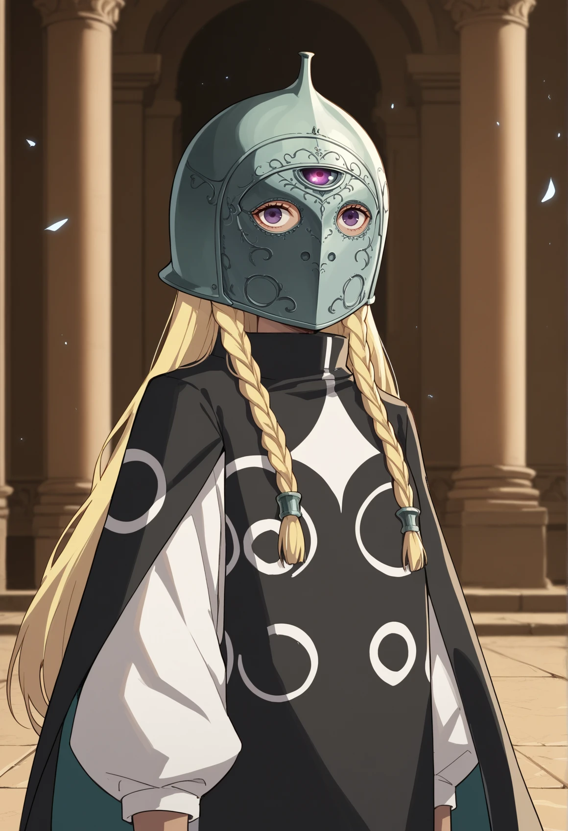 1girl, long hair, blonde hair, braid, purple eyes, dark skin, third eye, mask, helmet, jewelry, bracelet, white shirt, long sleeves, green leggings, cowboy shot, indoors, greek temple, looking at viewer  <lora:eupha_pony:1>, score_9, score_8_up, score_7_up, score_6_up, score_5_up, score_4_up, BREAK source_anime, masterpiece