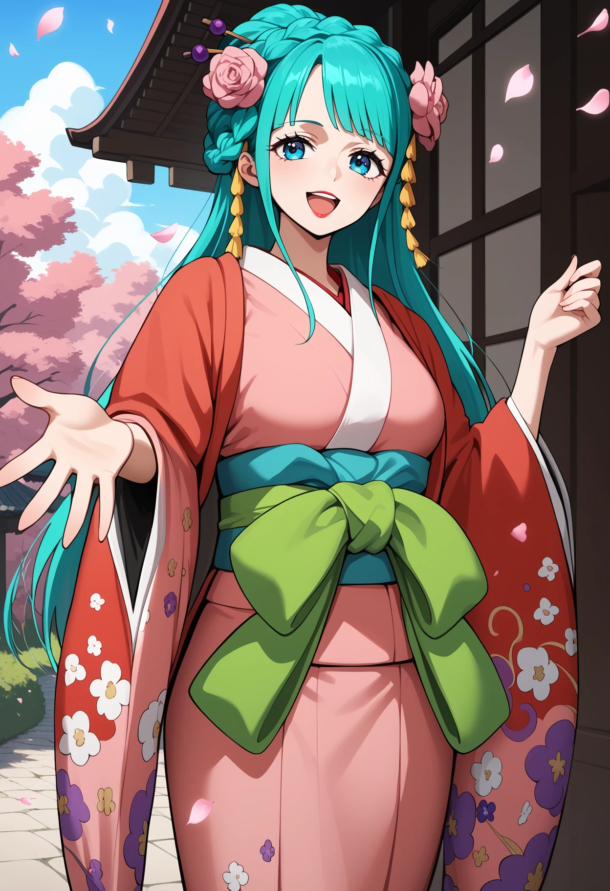 score_9, score_8_up, score_7_up, score_6_up, score_5_up, score_4_up, source_anime, aahiyori, long hair, aqua hair, braid, hair flower, blue eyes, lipstick, breasts, red kimono, pink kimono, sash, <lora:kouzuki_hiyori_ponyxl_v1:0.9>, standing, cowboy shot, reaching, outdoors, petals, smile, open mouth,