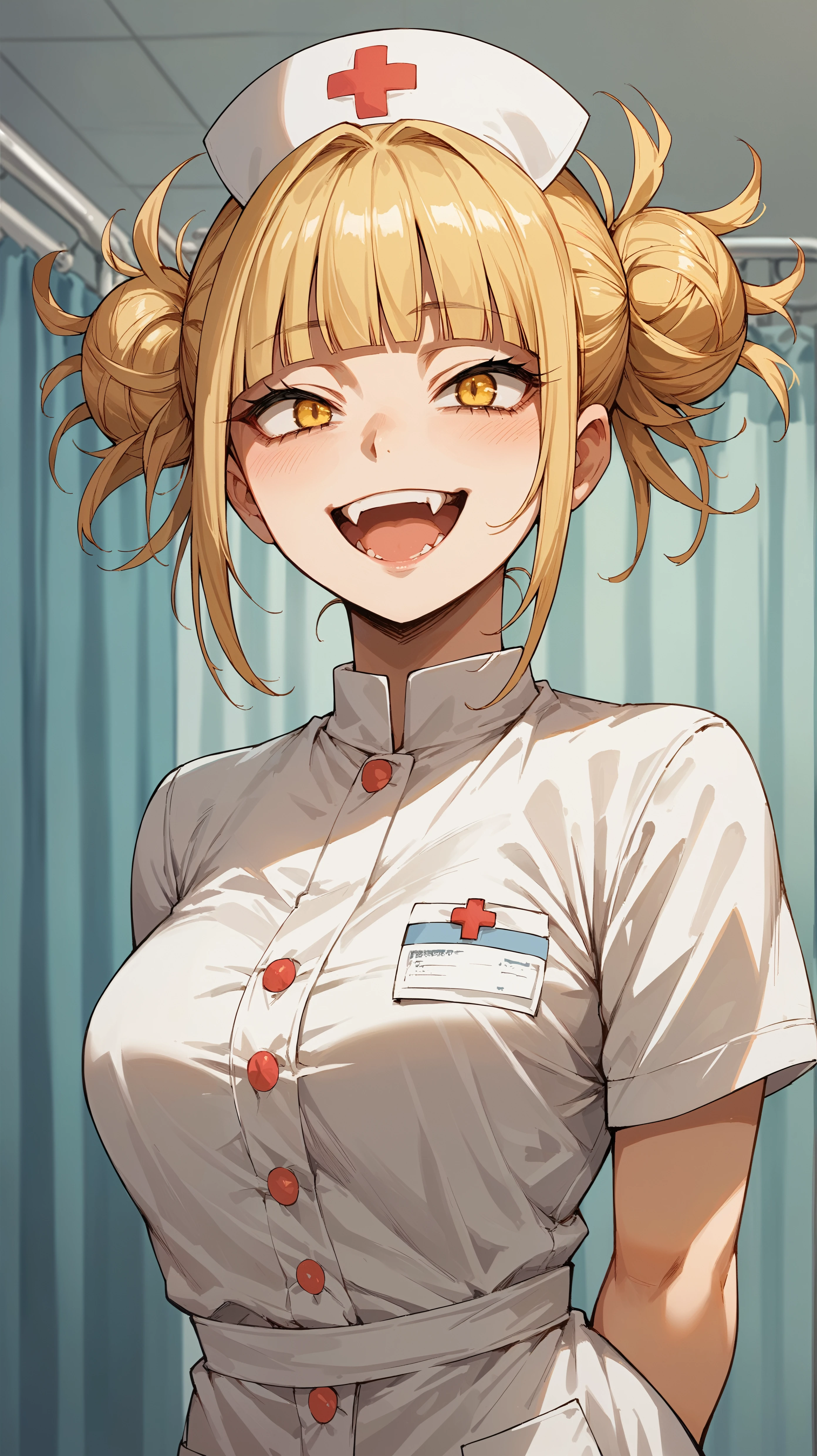 score_9,score_8_up,score_7_up,score_6_up, <lora:xl_more_art-full_v1:0.5>, source_anime, girl, dynamic pose, arms behind her back, <lora:Himiko Toga - Pony-000004:0.8>, blonde hair, blunt bangs, double bun, messy hair, yellow eyes, hospital, infirmary, nurse outfit, medical scrubs, happy, fangs, nurse cap,