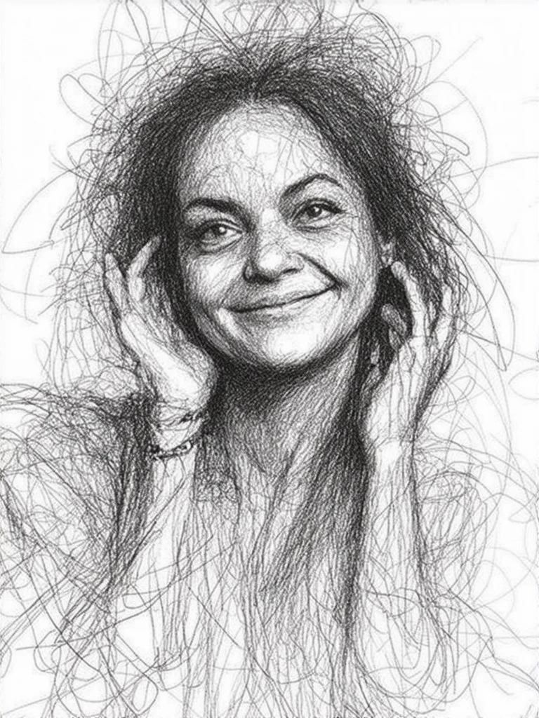 pencil_drawing,created using a combination of pen and ink techniques. The drawing is rendered in a loose, The image is a highly detailed, thoughtful smile and her gaze is directed slightly off-camera, swirling lines that create a sense of movement and energy, adding to the chaotic, giving it a dynamic, abstract portrait of a character with an intense, touching his ear, distressed appearance.