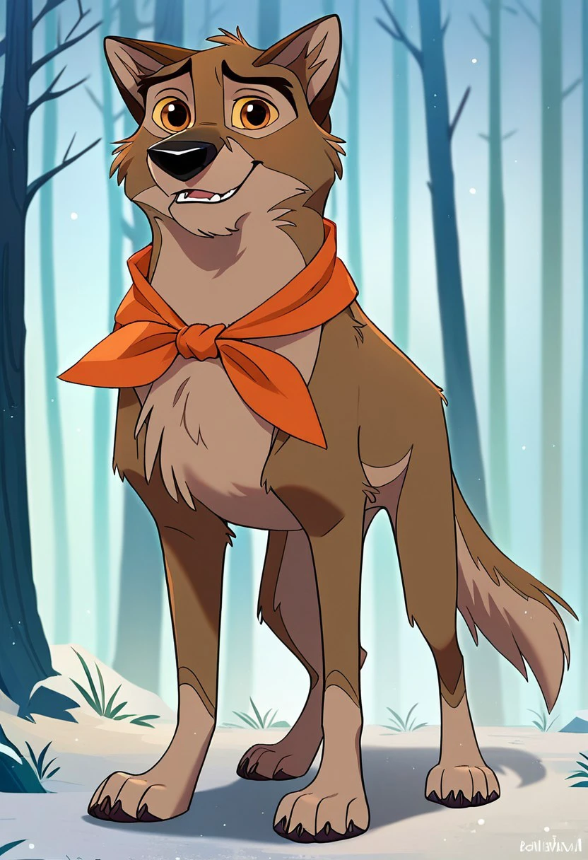 score_9, score_8_up, score_7_up, source_furry, source_furry, baltotwd, wolfdog, solo, feral, full body, snowing, forest, orange neckerchief