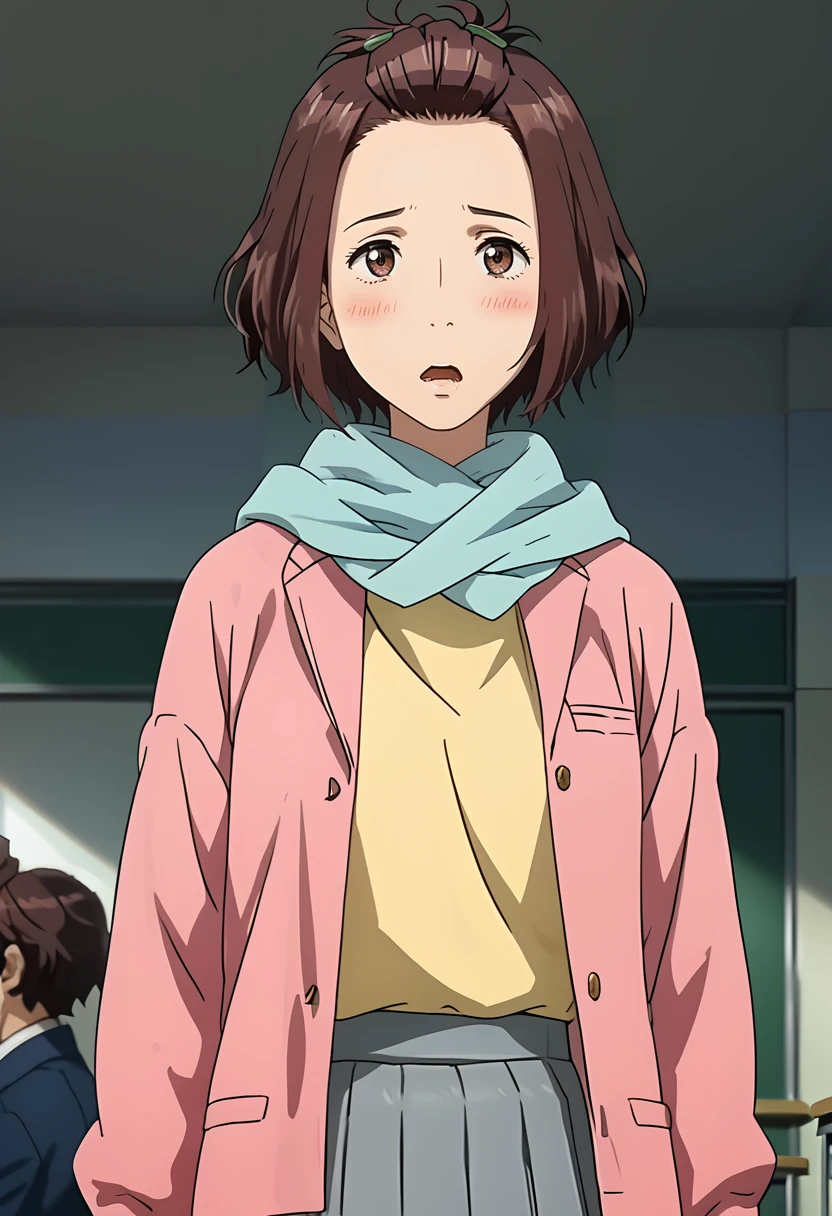 score_9, score_8_up, score_7_up, score_6_up, score_5_up, 1girl, <lora:Satomi_Murano_-_Parasyte:0.9> Satomi Murano, brown eyes, brown hair, sidelocks, short hair, forehead, hair ornament, green hairclip, blue scarf, pink jacket, yellow shirt, grey skirt, pleated skirt, miniskirt, teenager, slim legs, slim body, big eyes, sexy, female focus, fantasy, expressive, skindentation, 1female, masterpiece, 32K HD, beautiful attention to detail, detailed eyes, shiny skin, showing lots of skin, wide lens, perfect hands, perfect eyes, 2d, anime, source_anime, anime screencap, hentai, source_hentai, flat shadows, anime coloring, flat colors, looking at viewer, zPDXL2, zPDXLxxx, mature content, nsfw, rating explicit, blush, open mouth, clothed female, uncensored, indoors, school, classroom, knee out of frame, feet out of frame, sad, standing