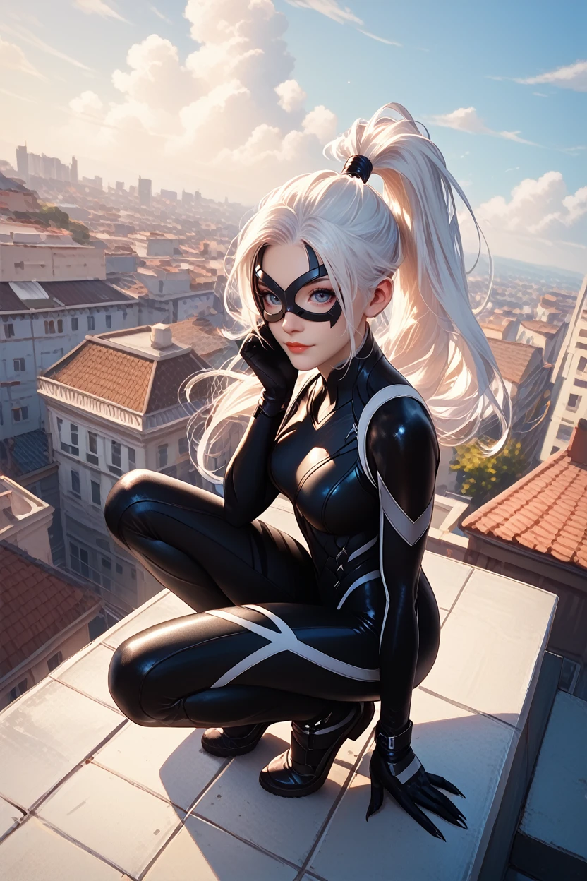 score_9, score_8_up, score_7_up,
<lora:SpiderBlackCat:0.8>
SpiderBlackCat, 1girl, white hair, long hair, ponytail, mask, black bodysuit, black gloves, looking at viewer, on a rooftop, full body