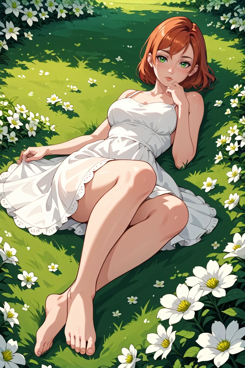 score_9, score_8_up, score_7_up,
<lora:MEFShepard:0.8>
MEFShepard, 1girl, orange hair, green eyes, looking at viewer, lying down in a field of white flowers, dress, barefoot, looking at viewer, blushing