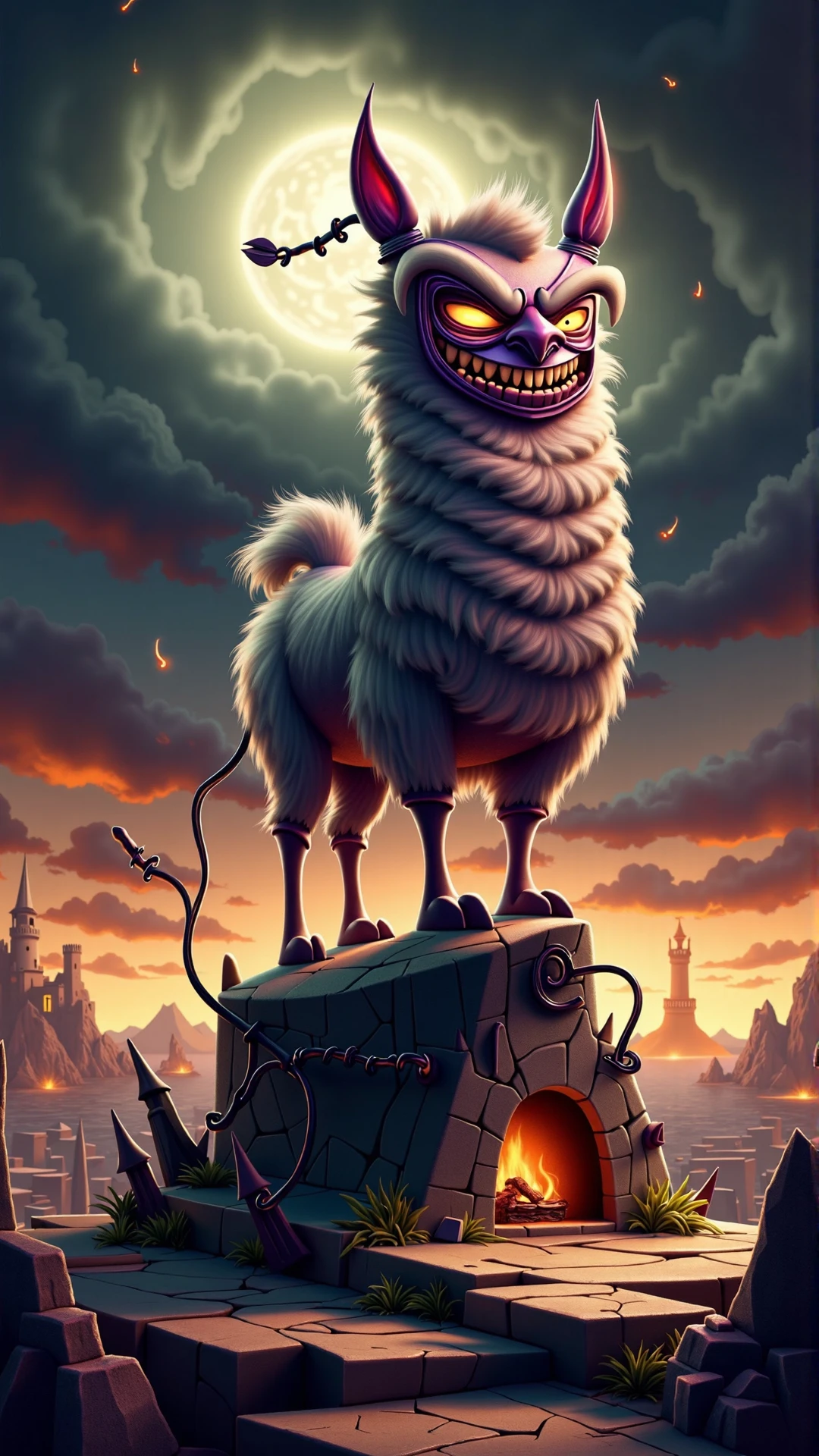 An image of a villainous item: A nefarious, malevolent llama with a wicked grin, its dark, beady eyes gleaming with malice. The llama's once-innocent face now twisted into a maniacal smirk, its lips curled into a sly, villainous smile, revealing pointed teeth. A sinister aura emanates from this diabolical creature, its soft fur now a dark, matted grey, and its ears pointed like a maleficent sorcerer's hat.
This wicked llama stands atop a craggy, ancient mountain peak, amidst a swirling vortex of dark, foreboding clouds. The air is thick with malevolent energy, and the ground crackles with dark magic. In the distance, a foreboding, abandoned castle looms, its towers reaching towards the sky like skeletal fingers. The only sound is the distant rumble of thunder and the soft, maniacal cackling of the villainous llama, as it surveys its dark, evil kingdom.<lora:VillainousStyleFlux:1>