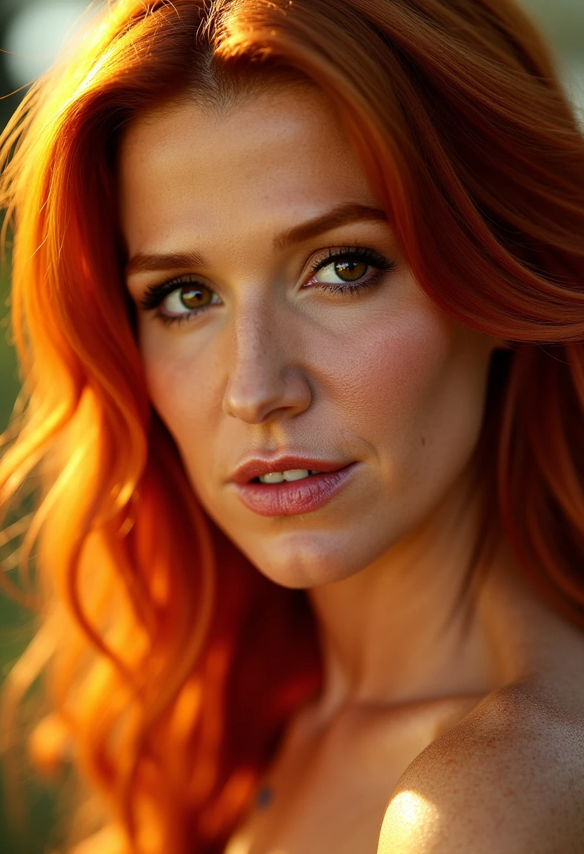 This is a high-resolution, close-up photograph of a woman with striking, vibrant red hair. The image is taken in natural light, casting a warm, golden glow over her face and hair. Her skin is fair and dotted with freckles, particularly prominent across her cheeks and nose. Her eyes are a mesmerizing, framed by long, thick lashes. Her lips are full and slightly parted, giving her a serene yet intense expression.

The woman's hair cascades around her face, with some strands blowing in the wind, creating a sense of motion and depth. The background is blurred and out of focus, but it appears to be a natural, outdoor setting with hints of green and brown, suggesting a forest or meadow. The image captures a raw, intimate moment, highlighting the natural beauty and texture of her skin and hair.

The photograph is rich in detail and color, with the red hair contrasting beautifully against the golden tones of the lighting. The overall mood is one of tranquility and natural beauty, with a focus on the subject's striking features and the interplay of light and shadow on her face and hair. P0PPY