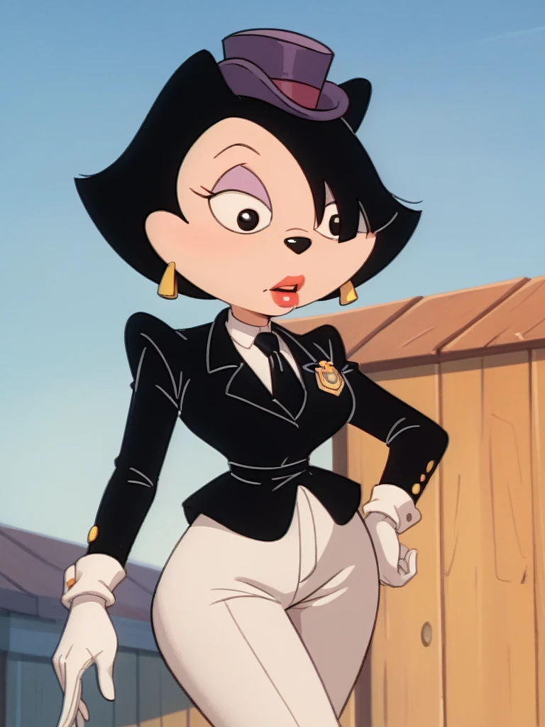 score_9, score_8_up, score_7_up, score_6_up, score_5_up, score_4_up, solo, Katya_Leggsgowanalot, short hair, black jacket, white pants, pillbox hat, uniform, necktie, white gloves, detailed face, detailed eyes, detailed face, detailed eyes <lora:katya-v2:1>