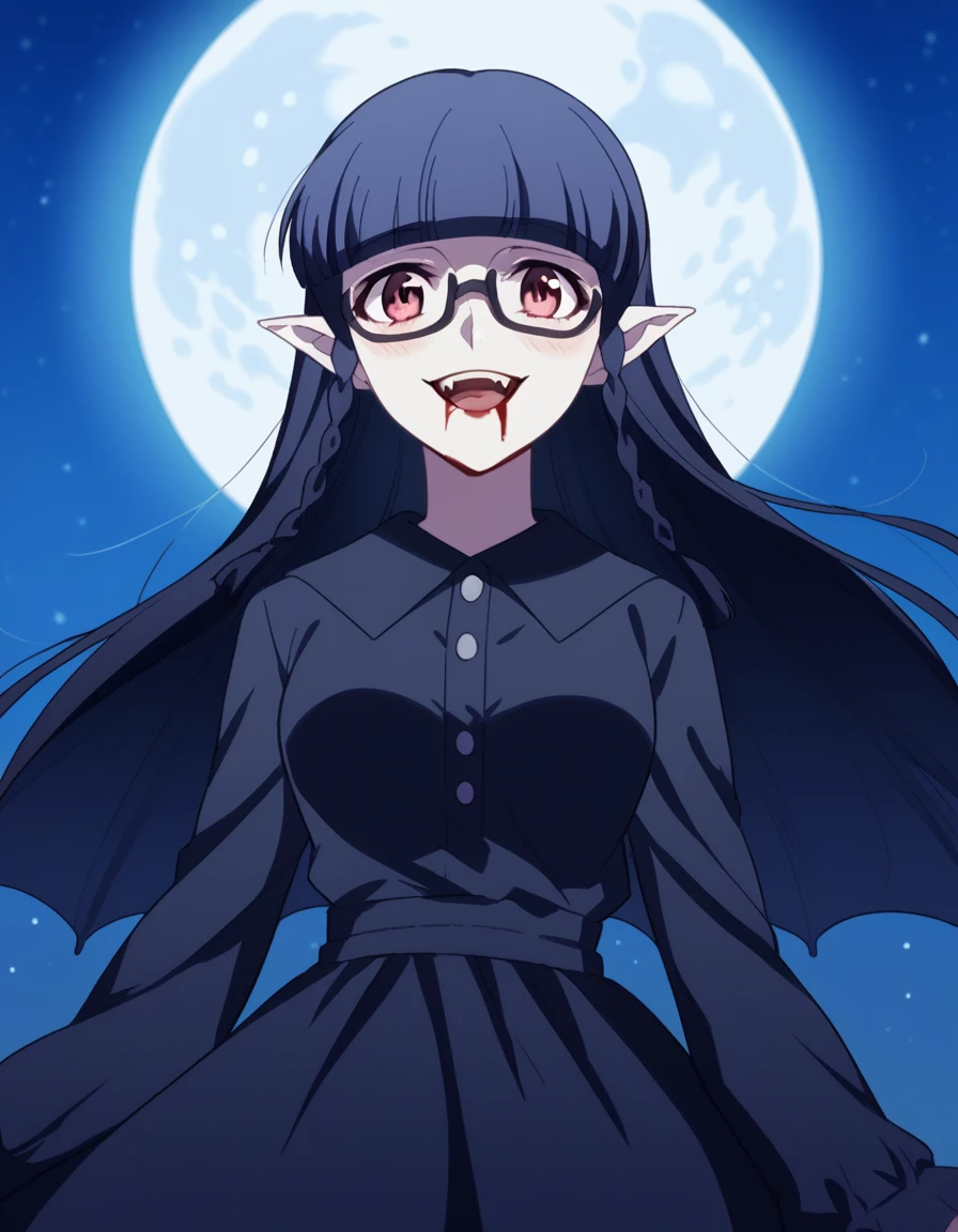 score_9, score_8_up, score_7_up, source_anime, <lora:setsuna-shimazaki-s1-ponyxl-lora-nochekaiser:1>, setsuna shimazaki, long hair, bangs, black eyes, black hair, braid, glasses, blunt bangs, twin braids, semi-rimless eyewear, under-rim eyewear, medium breasts,, <lora:vampire-ponyxl-lora-nochekaiser:1>, vampire, red eyes, pointy ears, fangs, black dress, wings, blood, blood on face, blood on mouth, bat (animal), halloween, halloween costume, upper teeth only, night, moon, blush, smile, open mouth, , dutch angle, cowboy shot