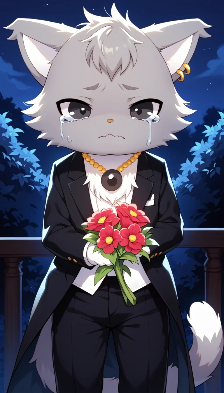 dian, male, furry, furry male, solo, 1boy, jewelry, no humans, solo, necklace, :3, cat, earrings, sad, teary eyes, wavy mouth, tuxedo, standing, (((at night))), ((((holding flowers)))), pants, long black pants