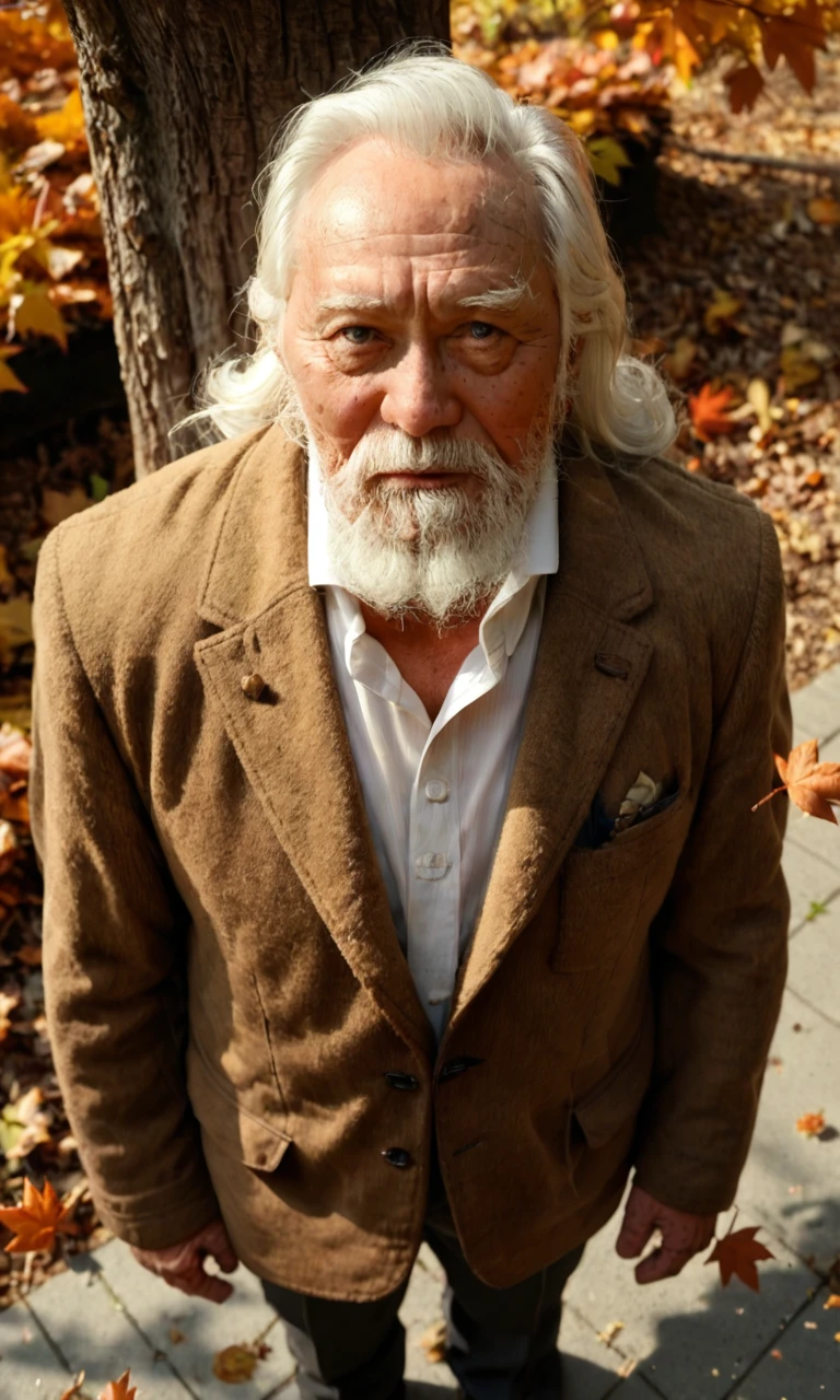 from above,looking at viewer,score_9, score_8_up, score_7_up,1boy,wangdeshun,white hair,long beard,solo,old,old man,muscular,brown coat BREAK white collared shirt,on park,autumn,standing under tree,maple_leaves on air