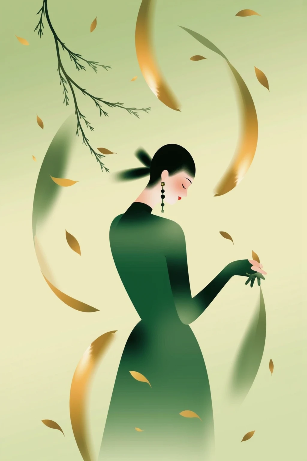 CynthiaPoster. This image is a minimalist, stylized poster that uses soft gradients and flowing lines. This illustration depicts a woman dressed in a rich emerald green outfit, elegantly posed amidst swirling golden leaves. Her hair is adorned with small golden accessories, reflecting the warm light. The background transitions from a soft beige at the bottom to a deeper green at the top, creating a harmonious balance. The golden leaves dance around her, enhancing the feeling of movement and vitality in the scene. The design emphasizes simplicity and elegance, with abstract shapes that flow around the figure, enhancing the sense of movement and fluidity. The overall aesthetic feels modern and artistic, with a dreamy and ethereal quality.