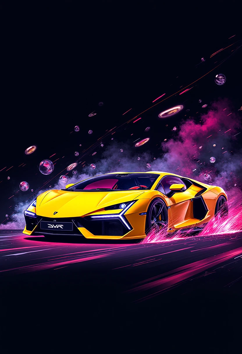 pitch black background, an illustration of a yellow neon dvr-lamborghini-revuelto car surrounded by twirling shapes and vectors, air bubbles <lora:dvr-lamborghini-revuelto:1>