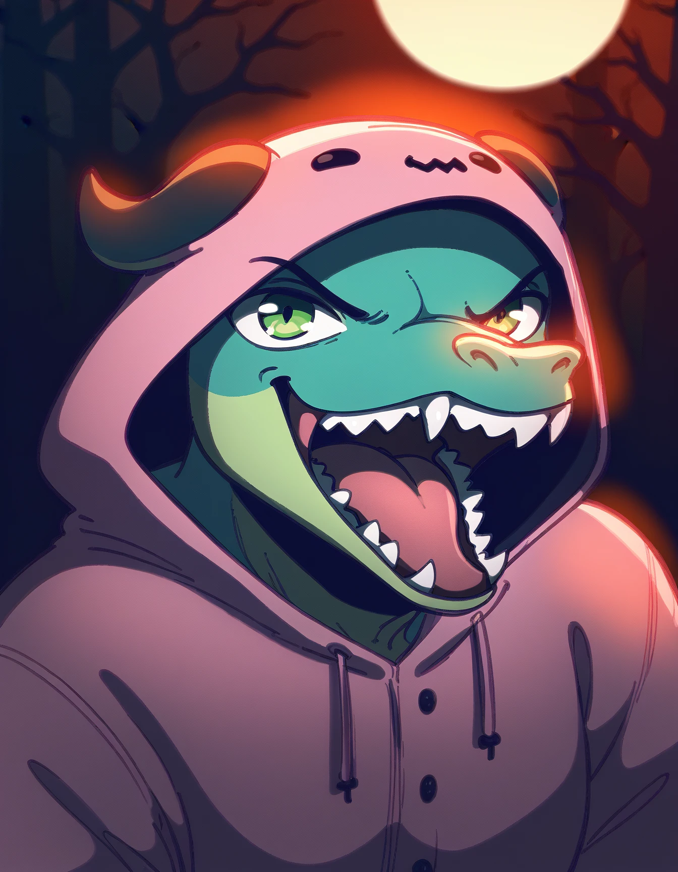 score_9, score_8_up, score_7_up, score_6_up, score_5_up, score_4_up, reptile, anthro
Zhora, green eyes, pink pajamas, hood, turquoise skin, two tone skin, sharp teeth, tail, long nose,<lora:dark_v1.9-pony:0.9> black theme, dark theme, dark background, looking at viewer, forest, night, jack-o'-lantern, backlighting, open mouth, angry
 <lora:Zhora_XL:0.9>