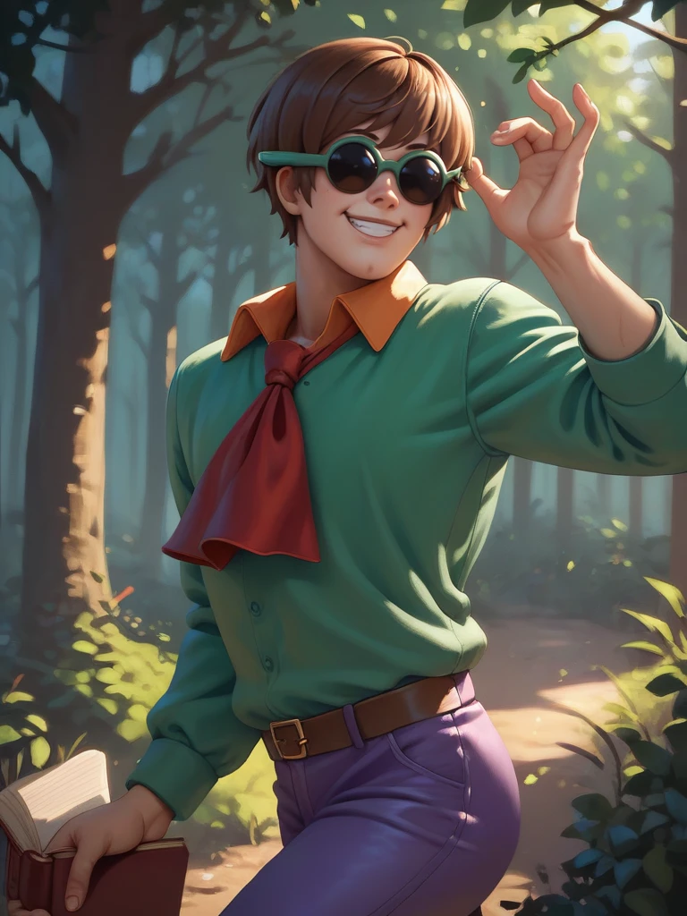 score_9, score_8_up, score_7_up, score_6_up, 1boy, forest, holding a book, dynamic pose, smile, looking at viewer,
<lora:AlexanderCabot_character:0.8>, AlexanderXLP, short hair, brown hair, sunglasses, green shirt, , collared shirt, red ascot, purple pants, cartoon, <lora:Realistic_2.5DAnime_Merge1:0.6> solo,
