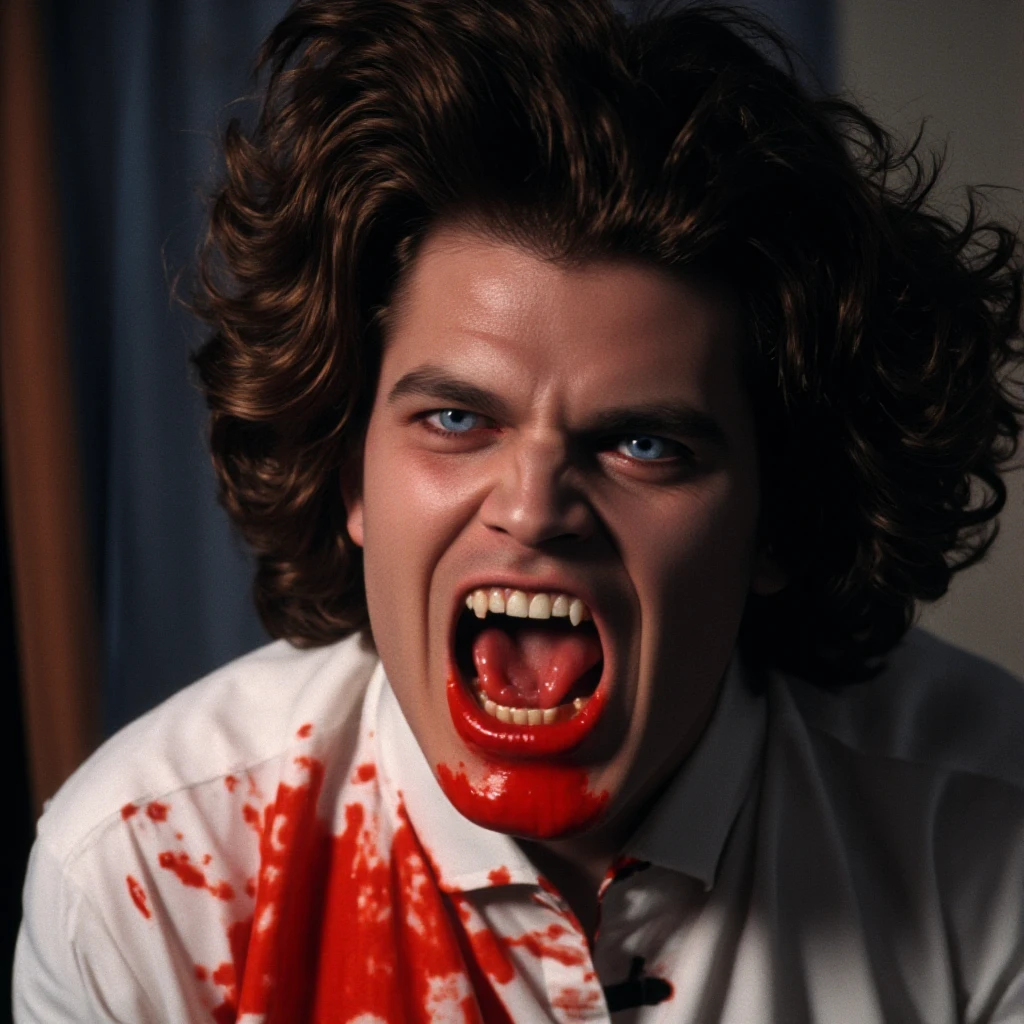 cinematic film still of <lora:vampire style v1:0.8> <lora:fangs style v2:0.8>
Black Vampire Blacula a man with a big grin on his face, solo, looking at viewer, open mouth, shirt, 1boy, male focus, teeth, blood, parody, formal, portrait, realistic, horror (theme), cinematic, filmic, realistic, still, fangs, horror themed, vampire style, detailed, detailed background, detailed scene, detailed teeth, detailed fangs, black eyes, facial hair, mustache, shallow depth of field, vignette, highly detailed, high budget, bokeh, cinemascope, moody, epic, gorgeous, film grain, grainy