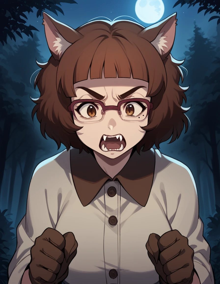 score_9, score_8_up, score_7_up, source_anime, <lora:recreators-marine-s1-ponyxl-lora-nochekaiser:1>, marine, short hair, brown hair, brown eyes, glasses, mole, mole under eye, bangs, blunt bangs, large breasts,, <lora:werewolf-ponyxl-lora-nochekaiser:1>, werewolf, furry, fangs, animal ears, gloves, angry, teeth, animal ear fluff,, forest, night, moon, open mouth, , dutch angle, cowboy shot