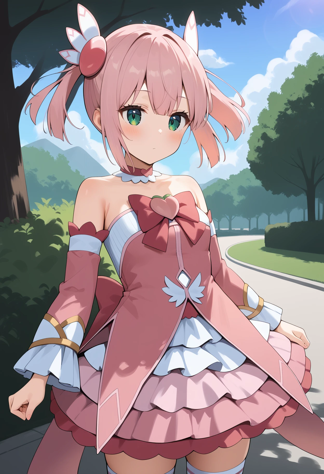 score_9, score_8_up, score_7_up, score_6_up, score_5_up, score_4_up, source_anime, aamomo, short hair, pink hair, twintails, hair ornament, green eyes, small breasts, magical girl, pink choker, bare shoulders, pink bow, frills, strapless dress, pink dress, detached sleeves, layered skirt, white thighhighs, <lora:chiyoda_momo_ponyxl_v1:0.9>, standing, cowboy shot, outdoors, park,