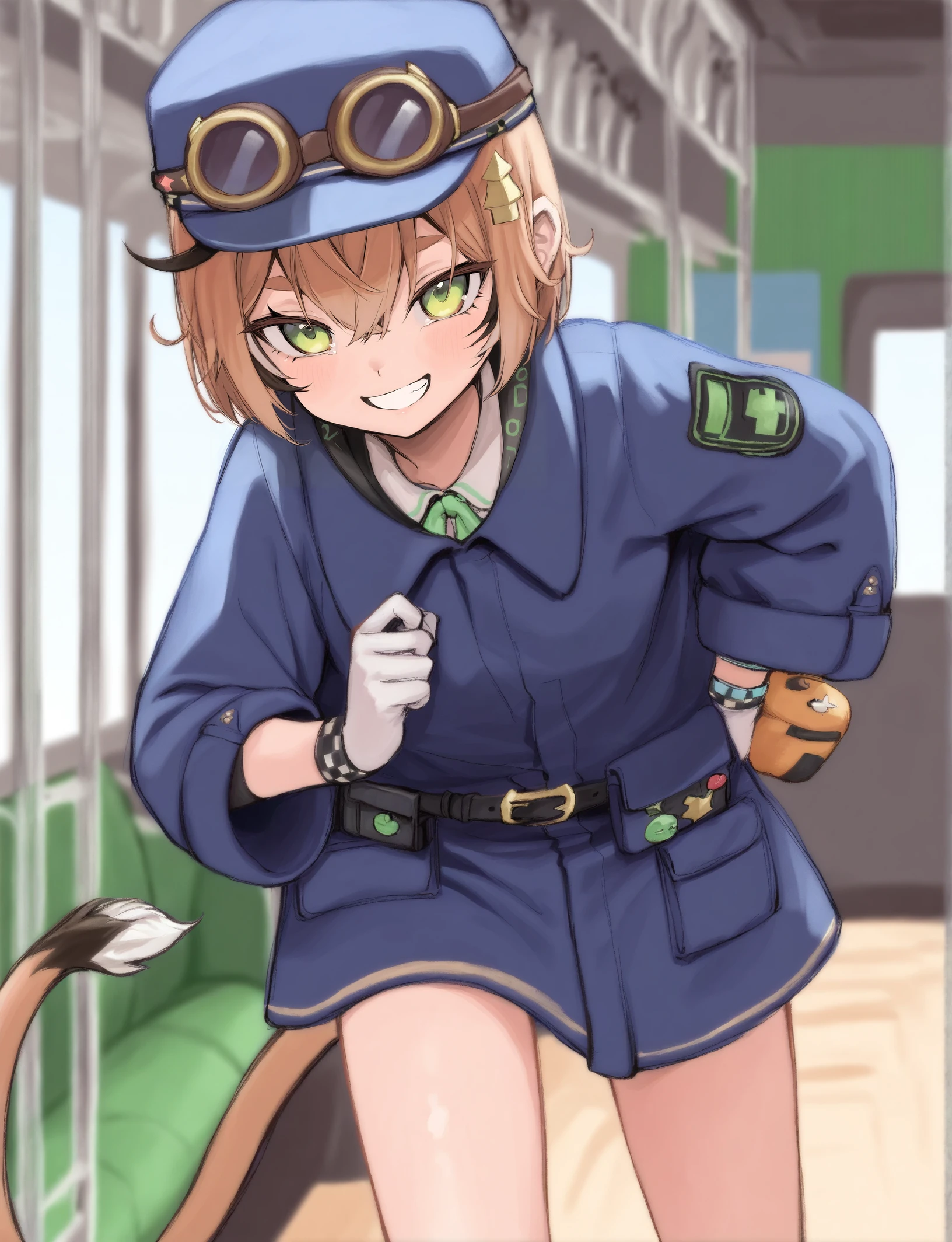 masterpiece, best quality, amazing quality, very aesthetic, absurdres, highres, newest, 8k, detailed, <lora:doobyillustriousXL:1>, artist:rurudo, 1girl, dooby, short hair, hat, goggles, jacket, tail, smiling, leaning forward, looking at viewer