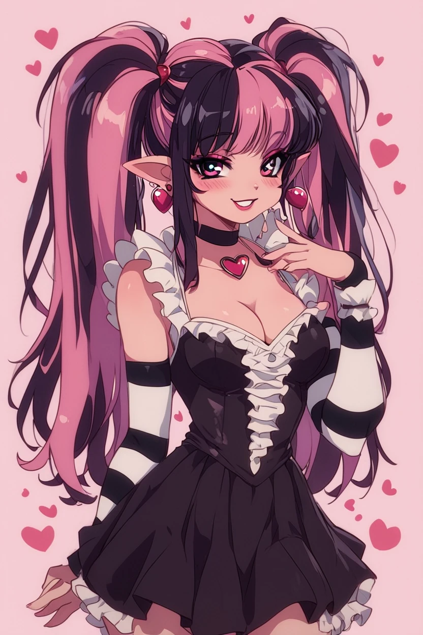score_9, score_8_up, score_8, medium breasts, (curvy), cute, eyelashes,       BREAK, , zzDraculaura, black hair, twintails, multicolored hair, two-tone hair, streaked hair, long hair, pink hair, pointy ears, retro artstyle, 1990s (style),  cleavage, jewelry, heart, earrings, black choker, frills, striped, fur trim, makeup, heart earrings, striped sleeves, black dress,    <lora:NewDraculaura_PDXL:1.0>,, BREAK, smile, looking at viewer, cowboy shot, ,,, embedding:zPDXL, Expressiveh, ,,, <lora:Zankuro_Style_PDXL:0.8> <lora:SDXLFaeTastic2400:0.5>, <lora:Expressive_H-000001:0.4>,