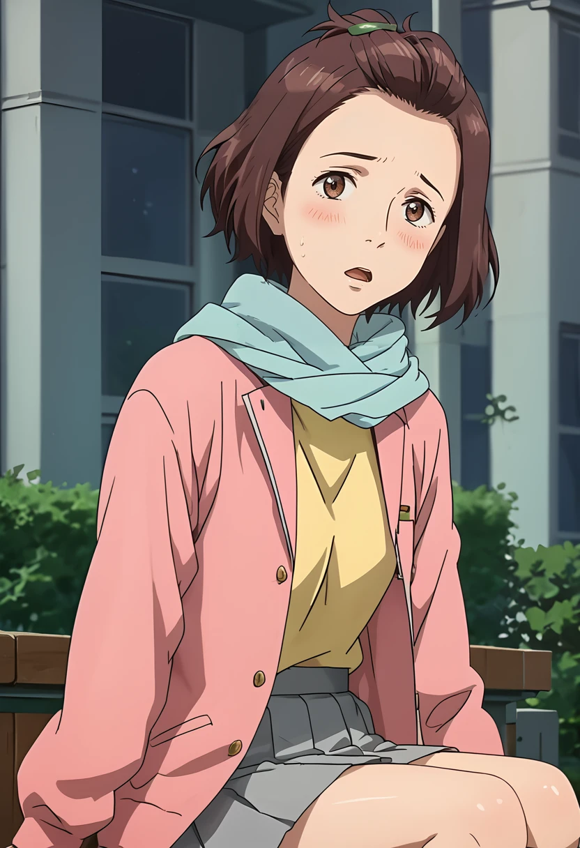 score_9, score_8_up, score_7_up, score_6_up, score_5_up, 1girl, <lora:Satomi_Murano_-_Parasyte:0.9> Satomi Murano, brown eyes, brown hair, sidelocks, short hair, forehead, hair ornament, green hairclip, blue scarf, pink jacket, yellow shirt, grey skirt, pleated skirt, miniskirt, teenager, slim legs, slim body, big eyes, sexy, female focus, fantasy, expressive, sweat, skindentation, 1female, masterpiece, 32K HD, beautiful attention to detail, detailed eyes, shiny skin, showing lots of skin, wide lens, perfect hands, perfect eyes, 2d, anime, source_anime, anime screencap, hentai, source_hentai, flat shadows, anime coloring, flat colors, looking at viewer, zPDXL2, zPDXLxxx, mature content, nsfw, rating explicit, blush, open mouth, clothed female, uncensored, outdoors, city, knee out of frame, feet out of frame, sad, sitting
