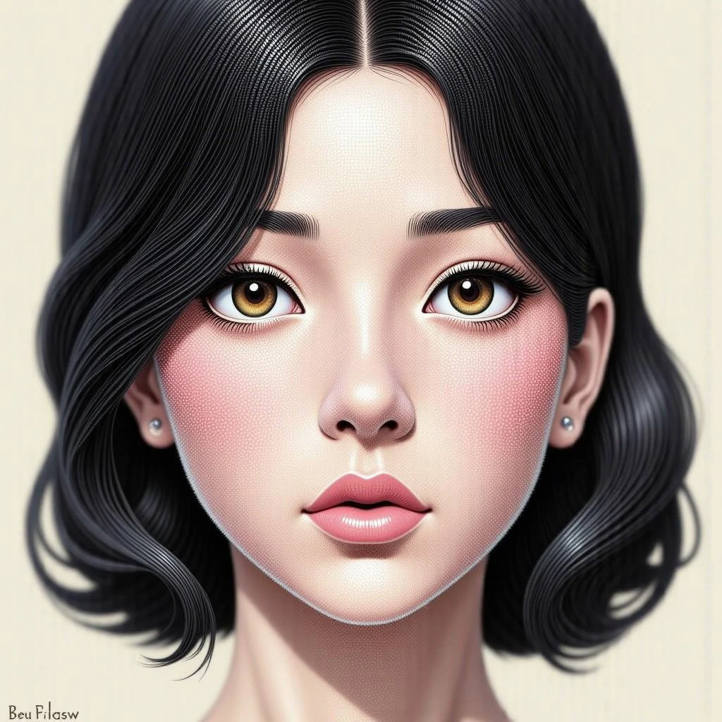 style illustration reminiscent comic book art graphic novel, clean lines focus character's expression features. elegance sophistication. drawing depicts adult pale skin, circle contact lenses, dark crystal pupils, elysium lips. hairstyle stylized detailed. lighting soft natural, intricate pointillism style creates radiant, ethereal complexion. skin characterized dark skin patterns transform pointillism freckles symmetrical patterns. creates beautiful mosaic highlights contours face. delicate interplay light shadow adds depth dimension, skin glowing, ethereal quality. drawing masterpiece pixel art, neo-geo graphical style, adventure game pixel art. delicate interplay light shadow adding depth dimension. Focus eyes. Crisp 4k textures. pointillism defined apparent actual scales redraw create art style bubblewrap bumpy gritty textured image digital artwork illustration technique called pointillism. Pointillism style painting developed Georges Seurat late 19th century. involves application distinct dots color patterns form image. dots applied that, viewed distance, blend create illusion continuous color form. digital medium create pointillist effect. image highly detailed, multitude dots elements character's hair. pointillism digital artwork creates textured three-dimensional appearance, character lifelike quality maintaining characteristic dot-based style pointillism. Vibrant colors.