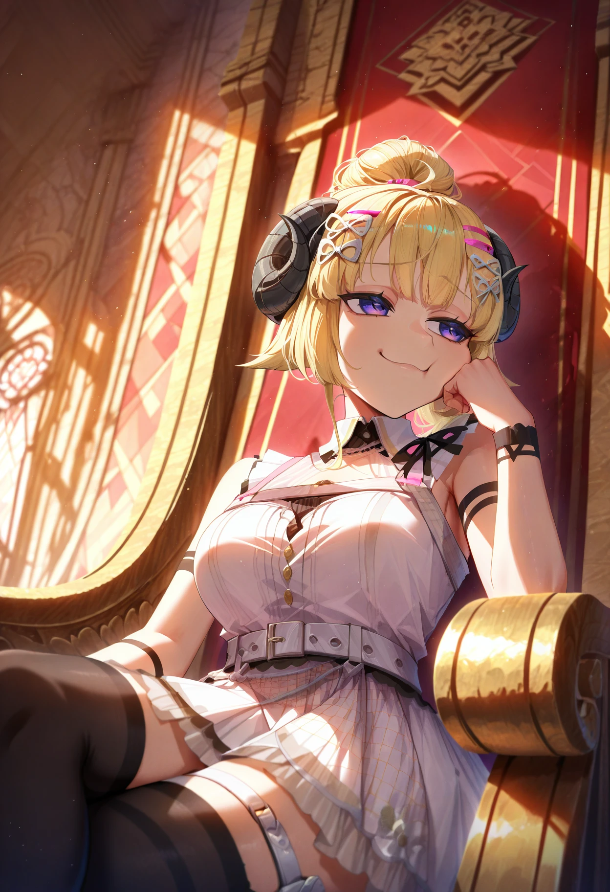 masterpiece, best quality, anime, 1girl, solo, WtmNightFever, horns, blonde hair, purple eyes, ponytail, micro hair bow, white bow, pink hairclip, white dress, sleeveless dress, white belt, see-through, arm strap, thigh strap, black thighhighs, sitting, indoors, palace, on throne, cheek rest, crossed legs, smile, smug, <lora:ChamTsunomakiWatameIllustriousXL:1>, <lora:ChamIllustriousBackgroundEnhancer:1>