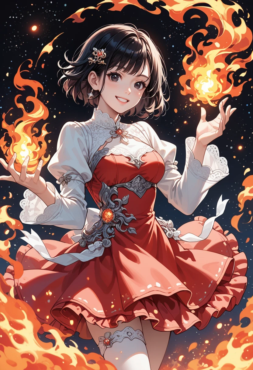 score_9, score_8_up, score_7_up, source_anime, perfect anatomy, ((outlined outlined vector graphics)), ,cute face, ,,cowboy shot, starry night, clothed, sleeves,
1girl, ,20yo, black hair, black eyes, short bob hair, hair pin,mdeium breast, slender,(white thigh strap:1.1),(black clohtes:1.1),,fantasy,, standing , action pose ,glittering, glimmering,open eyes ,smile beam, dress, rainbow,skirt,inferno, red inferno <lora:inferno-tasuki-001:1>