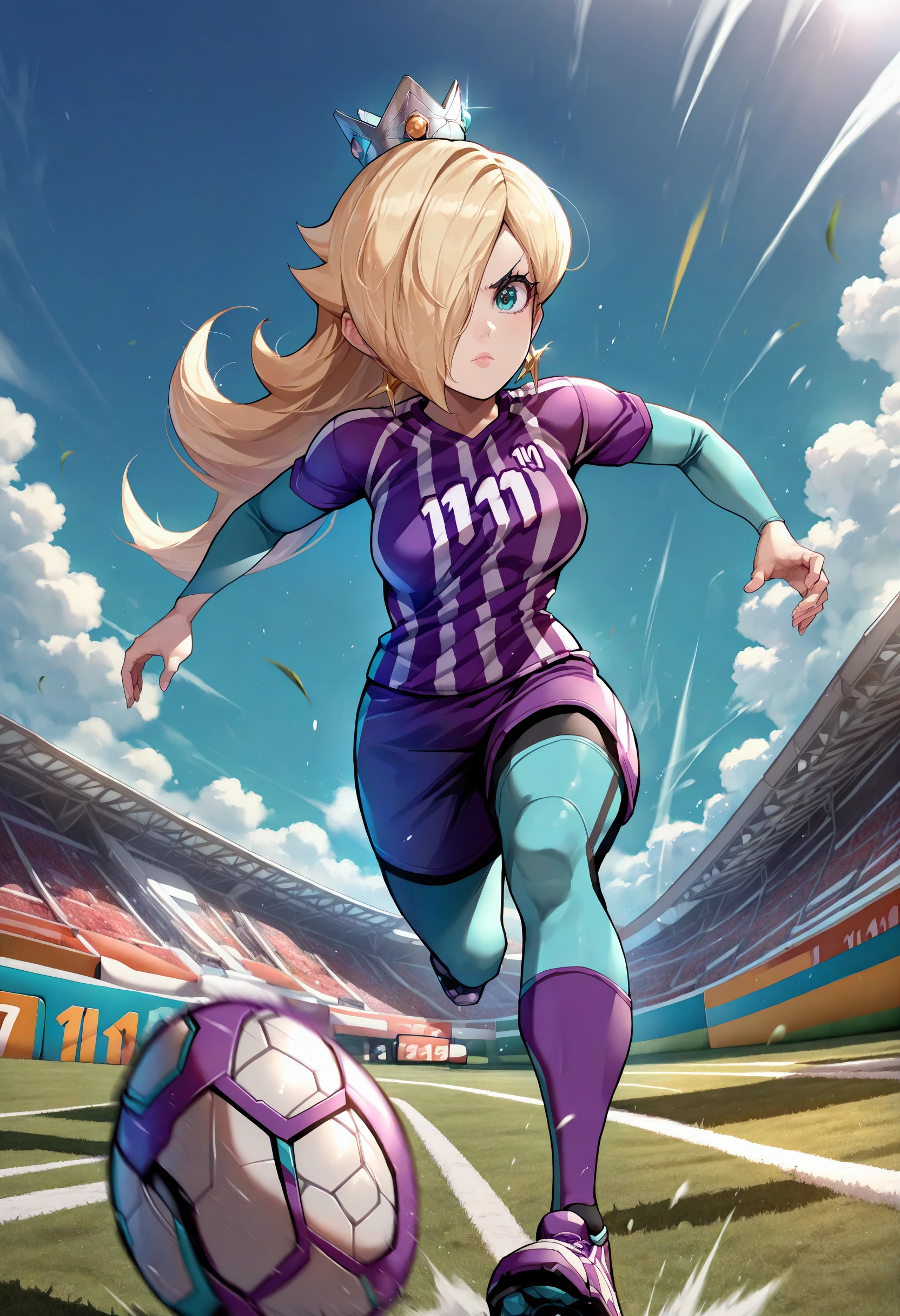 masterpiece, best quality, 1girl, solo, RslnStriker, hair over one eye, crown, bare hand, soccer uniform, sportwear, pantyhouse, socks, <lora:Rosalina_illusXL_Incrs_v1:1>, outdoors, full body, running, football field, shoes, foreshortening, dynamic pose, shoe focus, motion lines, motion blur, foot focus, looking at viewer,