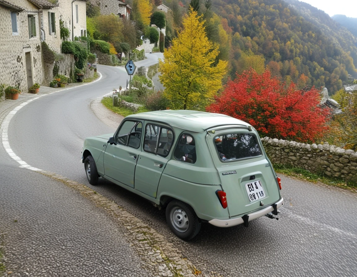 renault 4l vehicle on a winding mountain road
tree-lined and flowery, the color of autumn