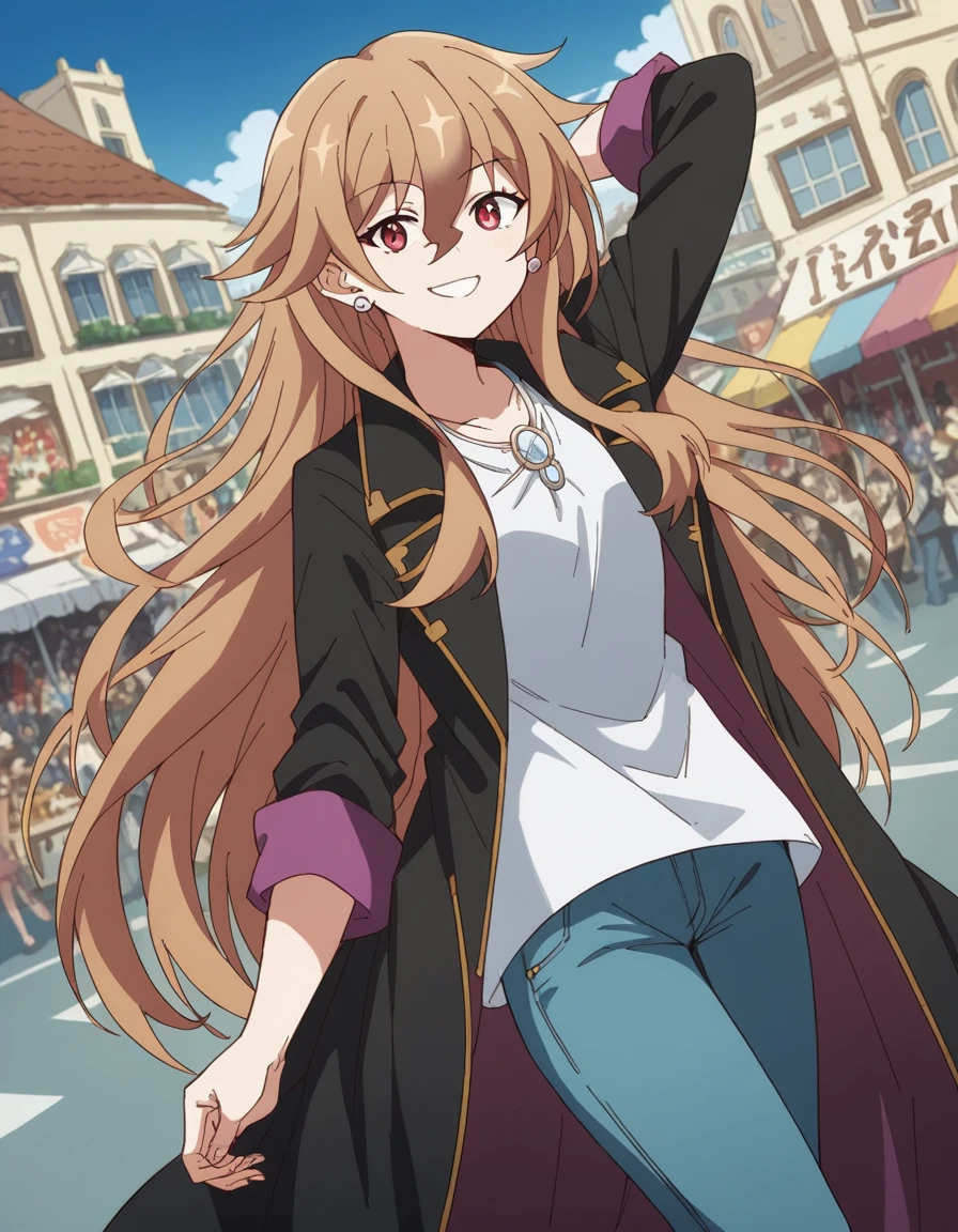 score_9, score_8_up, score_7_up, source_anime, <lora:vending-hulemy-s1-ponyxl-lora-nochekaiser:1>, hulemy, long hair, brown hair, red eyes, hair between eyes,, shirt, long sleeves, jewelry, white shirt, earrings, pants, coat, open coat, black coat, jeans,, street market, vendor, street food, bustling crowd, local flavor, vibrant, smile, hand behind head, , looking at viewer, solo,, dutch angle, cowboy shot