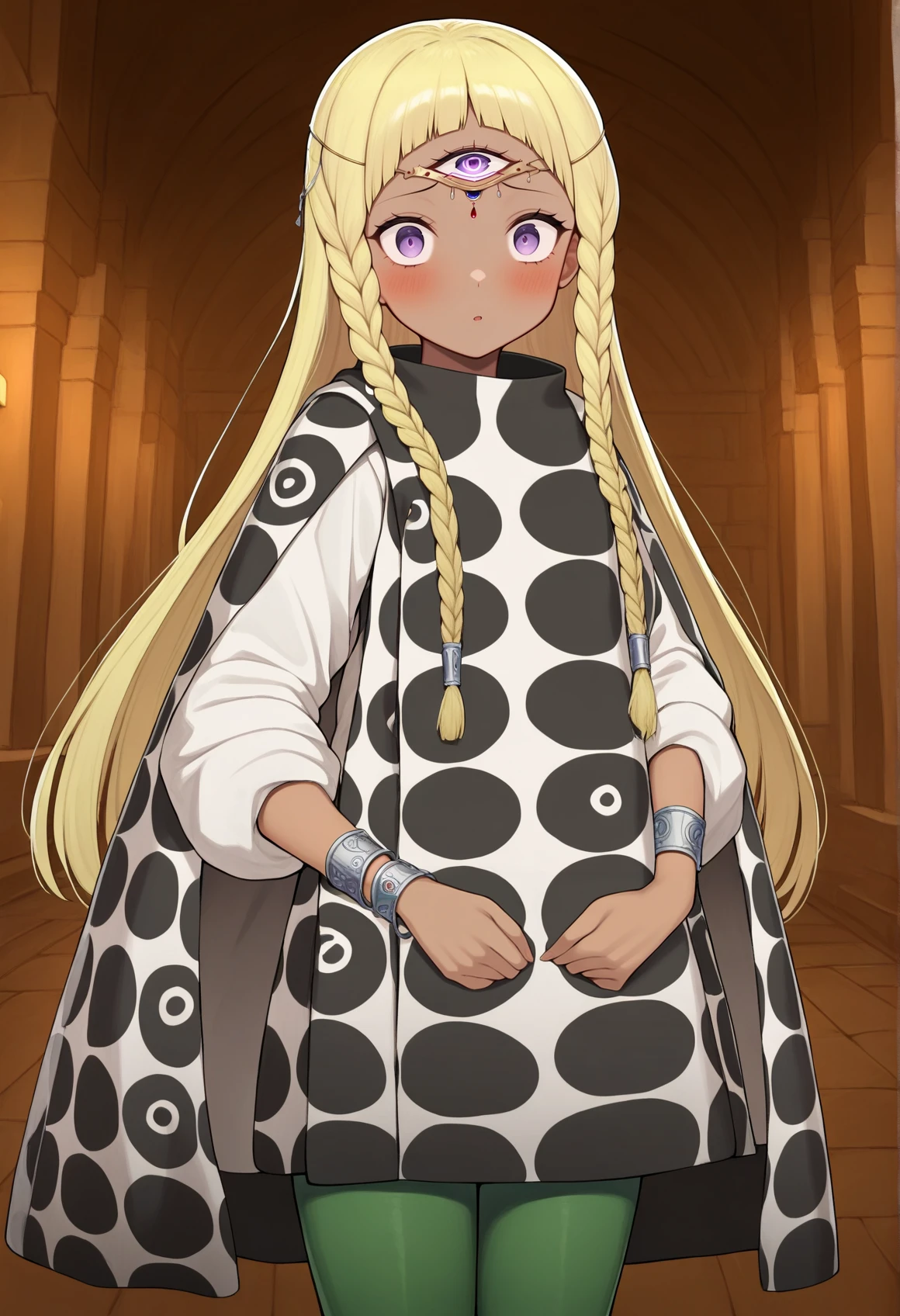 1girl, long hair, blonde hair, braid, purple eyes, dark skin, third eye, circlet, jewelry, bracelet, white shirt, long sleeves, poncho, green leggings, cowboy shot, indoors, greek temple, looking at viewer  <lora:Eupha_Illus:1>, masterpiece, best quality, amazing quality, very aesthetic, absurdres, highres, newest