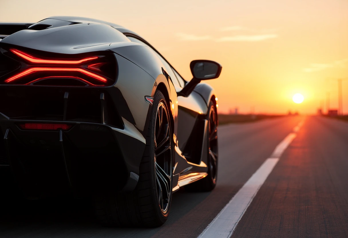 from the side, black dvr-lamborghini-revuelto with white stripes against the sunset <lora:dvr-lamborghini-revuelto:1>