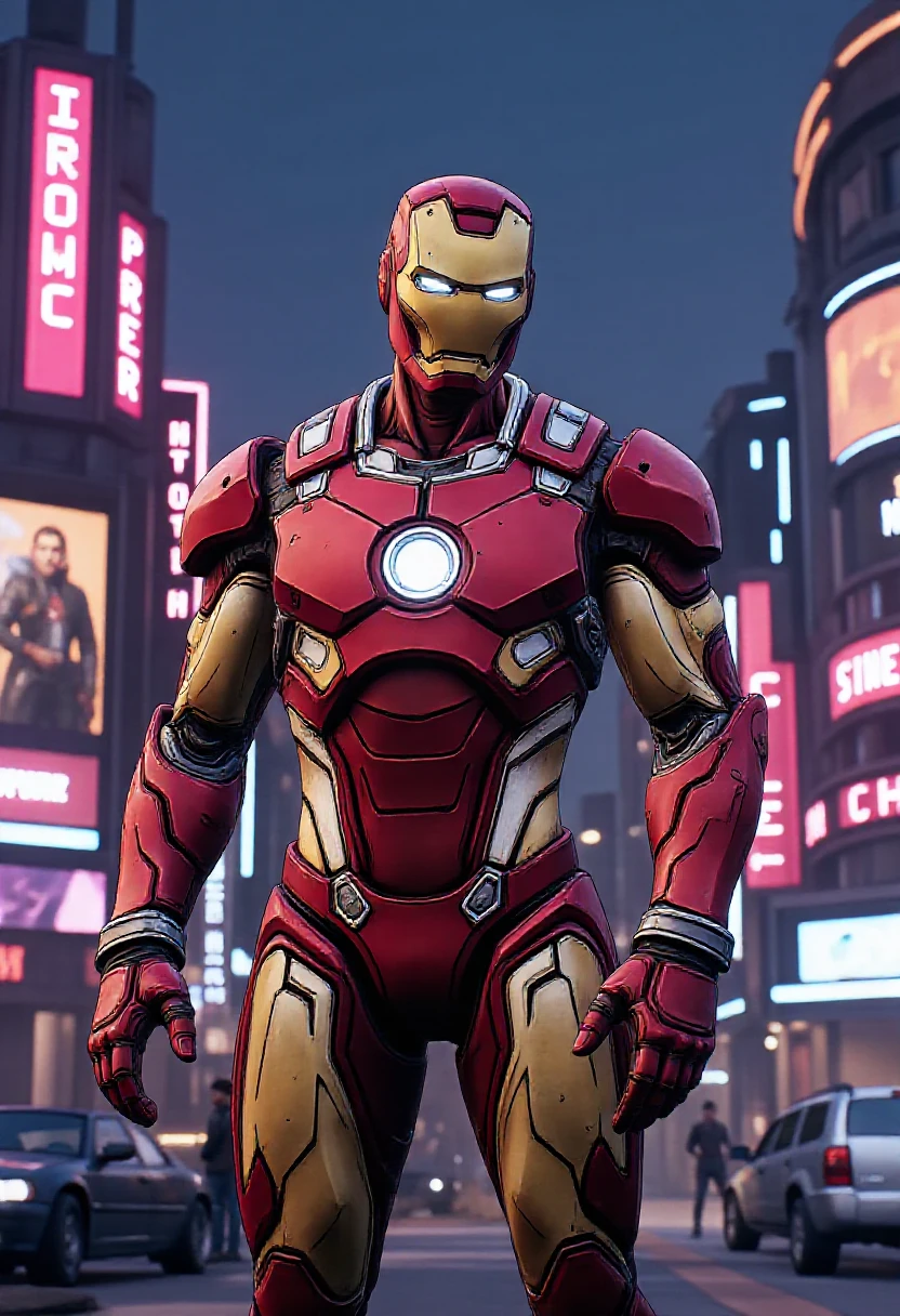 portrait of Iron Man, standing at neonpunk city,, cel shading<lora:Borderlands_Style_-_v2:0.7>