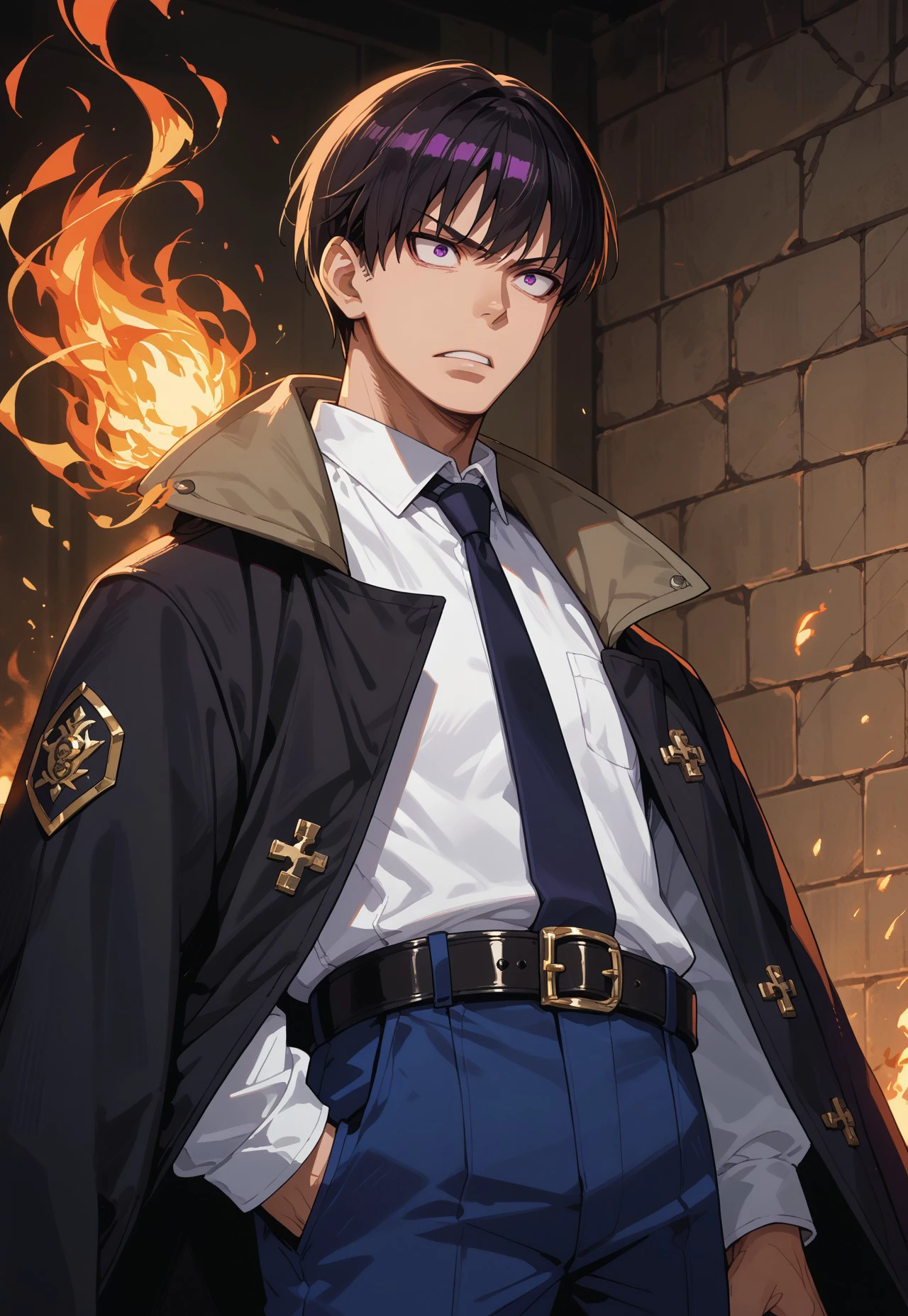 score_9, score_8_up, score_7_up, source_anime, takigi oze, 1boy, solo, black hair, purple eyes, white shirt, black necktie, black collared coat, blue pants, belt, fire, magic