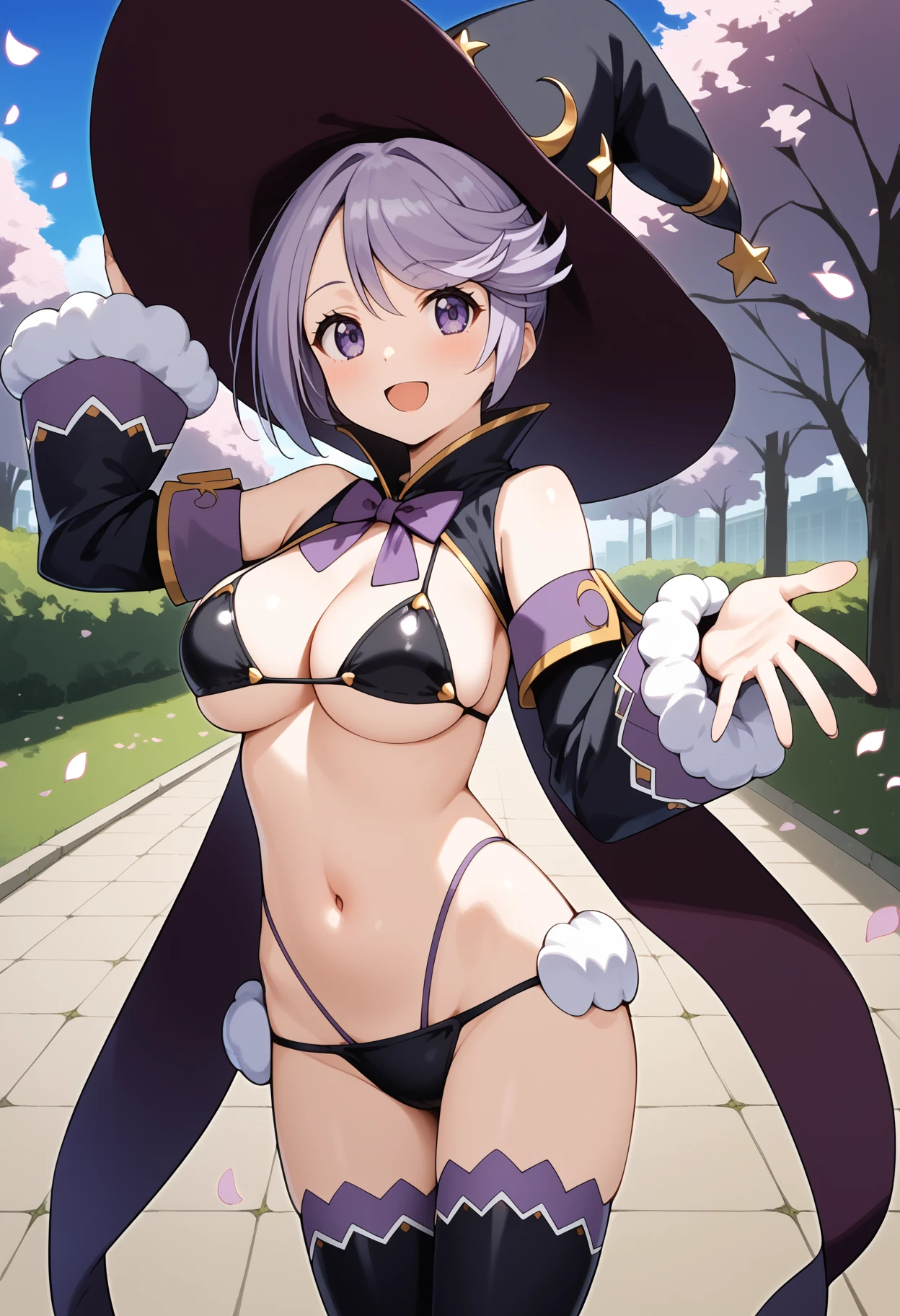 score_9, score_8_up, score_7_up, score_6_up, score_5_up, score_4_up, source_anime, aamage, short hair, purple hair, witch hat, purple eyes, breasts, cape, purple bowtie, black bikini, detached sleeves, black thighhighs, <lora:mage_(bikini_warriors)_ponyxl_v1:0.9>, standing, cowboy shot, reaching, outdoors, park, petals, smile, open mouth,