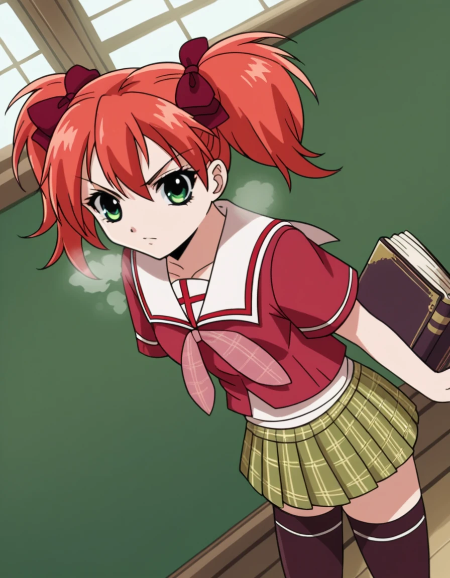 score_9, score_8_up, score_7_up, source_anime, <lora:kokoa-shuzen-s2-ponyxl-lora-nochekaiser:1>, kokoa shuzen, twintails, green eyes, red hair, hair bow, short hair,, skirt, thighhighs, school uniform, black thighhighs, plaid, serafuku, red shirt, short sleeves,, bookstore, browsing shelves, new book smell, finding a favorite, quiet atmosphere, , from above,, looking at viewer, solo,, dutch angle, cowboy shot