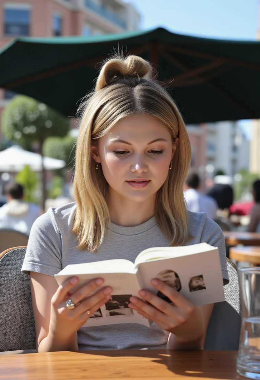 Olivia Holt reading a book in an outdoor  cafe