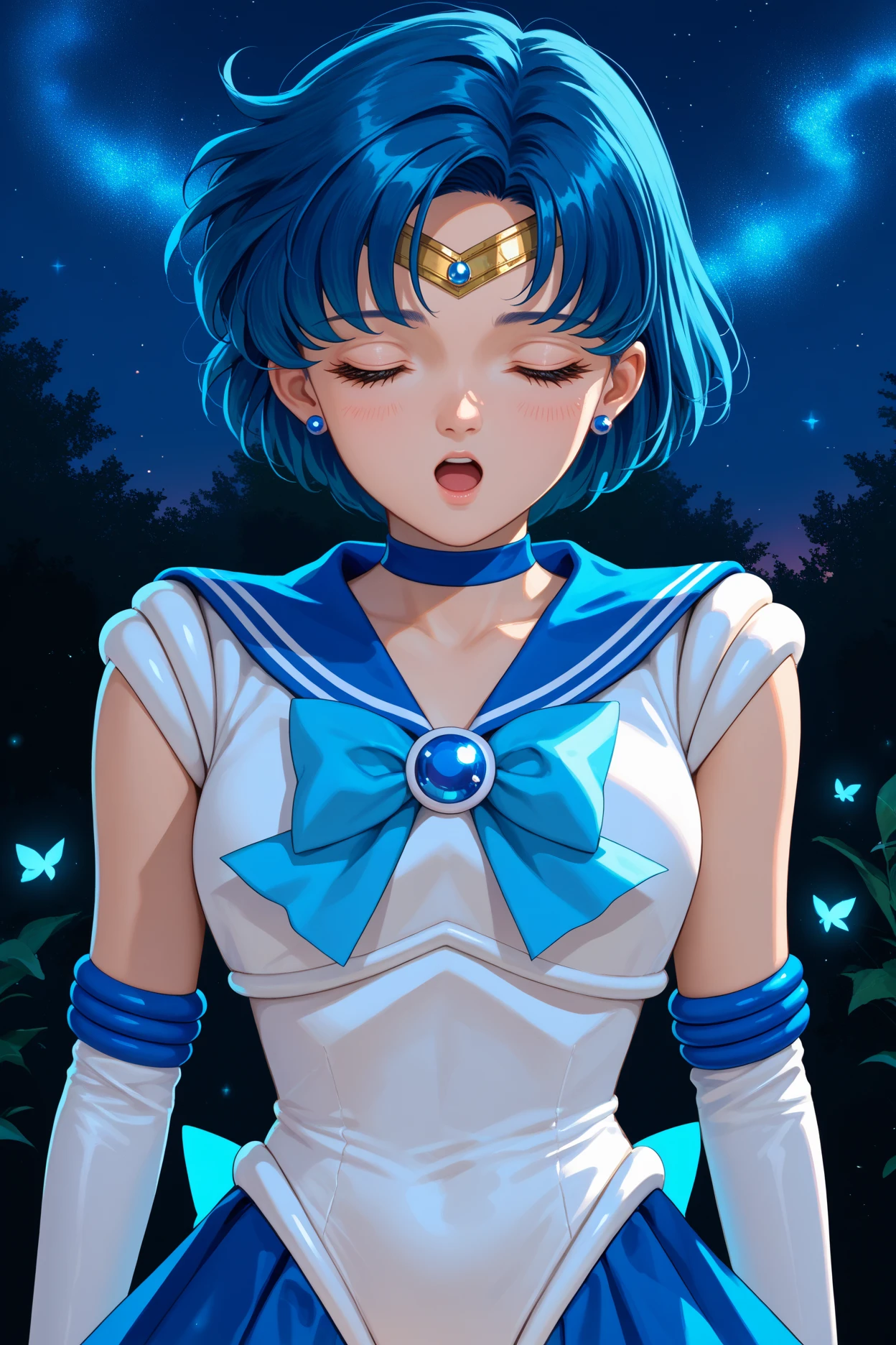 score_9, score_8_up, score_7_up, score_6_up, source_anime, 1girl, solo, <lora:sailormercury-pdxl-nvwls-v1-000005:1> slrmc, blue hair, short hair, circlet, earrings, blue choker, brooch, white shirt, sleeveless, blue sailor collar, light blue bowtie, white leotard, elbow gloves, white gloves, blue skirt, magical girl, closed eyes, open mouth, night, glowing, night sky, blue glow