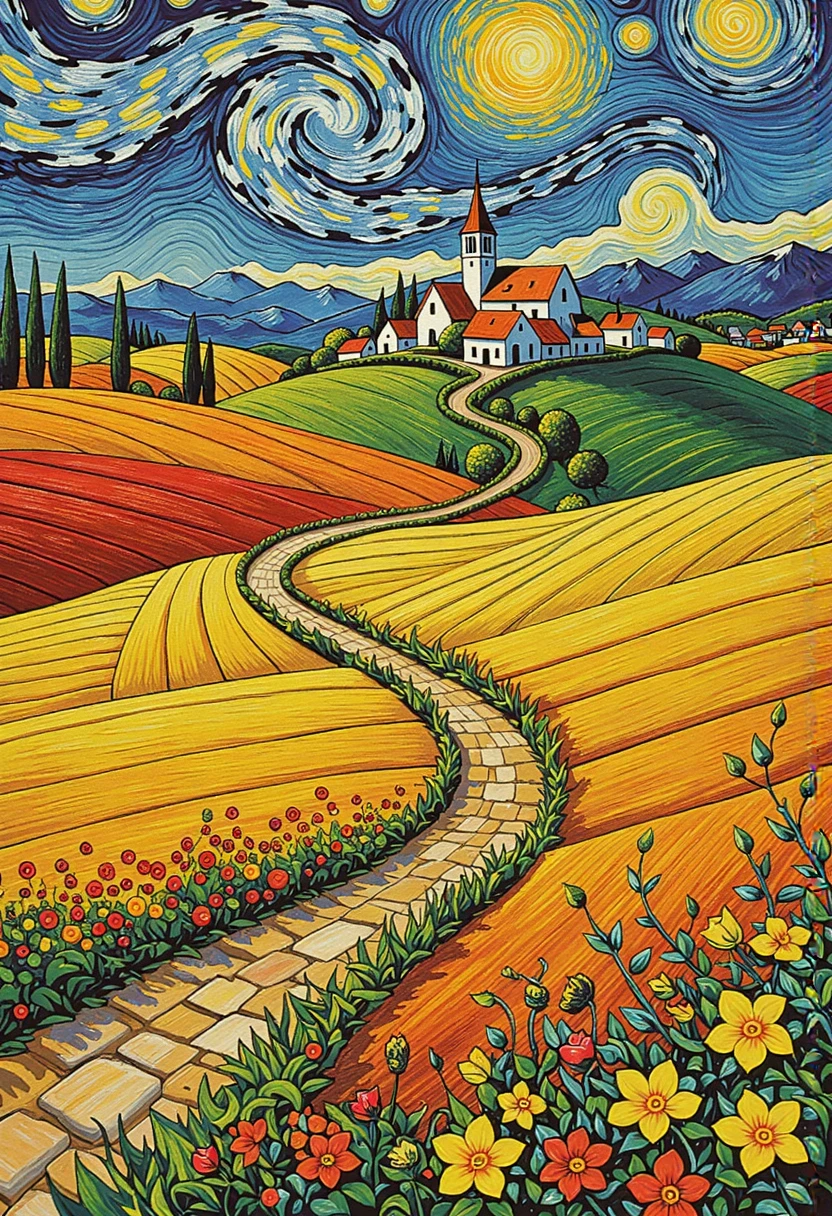 a vibrant, colorful, and abstract painting depicting a serene rural landscape, the central focus is a winding, multicolored path that curves through a vast field of rolling hills, each with a distinct hue of yellow, orange, and red, the path is flanked by lush green foliage and vibrant flowers in various shades of red, yellow, and green, adding a pop of color and life to the scene, in the background, a small village with white cottages and red roofs stands on a hilltop, surrounded by rolling hills and distant mountains, the sky is a vivid blue with wavy, white clouds and a bright, swirling sun at the top, creating a sense of movement and energy, the painting style is reminiscent of Vincent Van Gogh's iconic oil painting, with bold, expressive brushstrokes and a rich, vibrant color palette dominated by blues, greens, and yellows, the overall composition is balanced and harmonious, with a harmonious blend of natural and organic elements, enhancing the sense of tranquility and serenity, the texture of the painting is smooth and polished, with meticulous attention to detail in the brush strokes and the artist's signature style, the artwork is rich in detail and color, capturing the essence of a tranquil, idyllic rural landscape in a mesmerizing blend of realism and fantasy