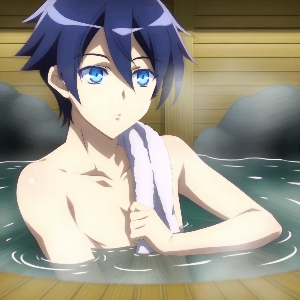 Yukito Yanagi, blue eyes, relaxing in a hot spring, towel over shoulder,