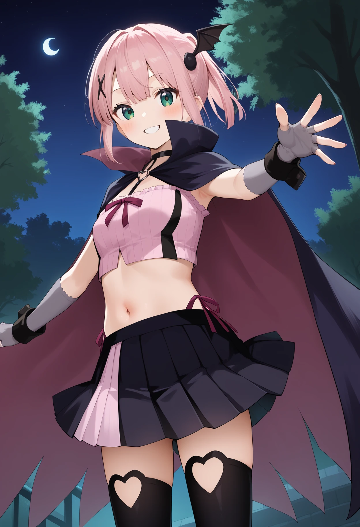 score_9, score_8_up, score_7_up, score_6_up, score_5_up, score_4_up, source_anime, aamomo, short hair, pink hair, ponytail, x hair ornament, green eyes, small breasts, black choker, black cape, crop top, pink shirt, wrist cuffs, fingerless gloves, grey gloves, midriff, pleated skirt, black skirt, black thighhighs, <lora:chiyoda_momo_ponyxl_v1:0.9>, standing, cowboy shot, night, outdoors, park, reaching, smile,