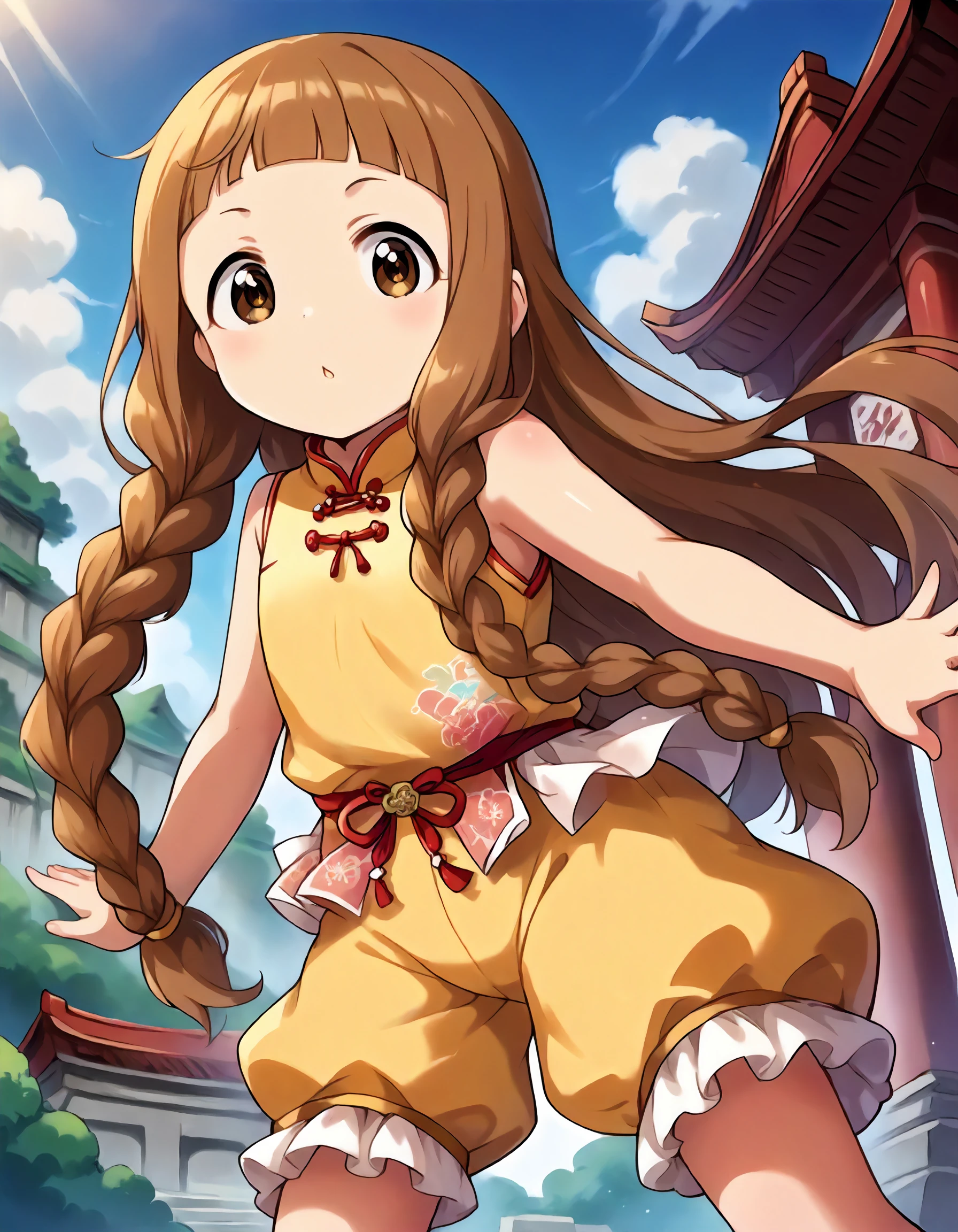 score_9,score_8_up,score_7_up,1girl,solo,looking at viewer,temple,
<lora:ichiharanina_ponyXLV6:0.8>,cgin,
brown hair,long hair,twin braids,blunt bangs,brown eyes,flat chest,
yellow chinese clothes,sleeveless,bloomers