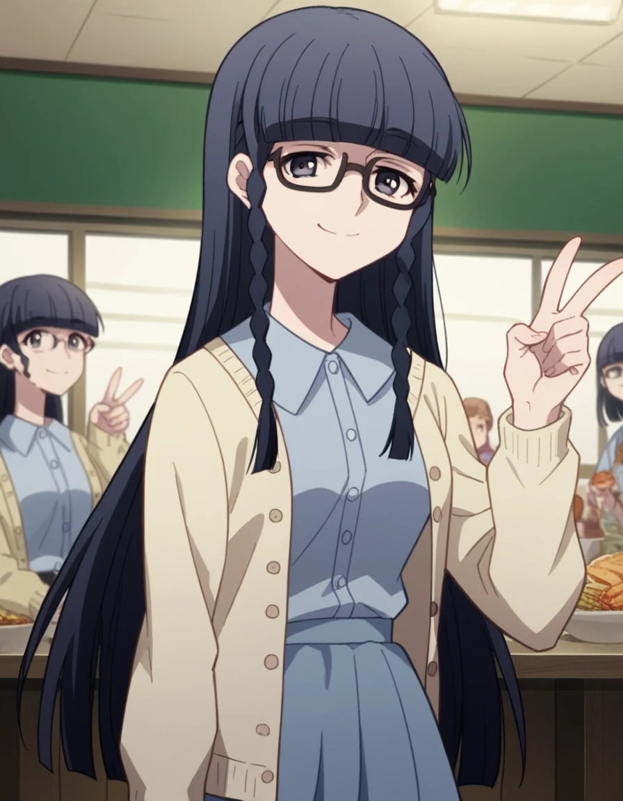 score_9, score_8_up, score_7_up, source_anime, <lora:setsuna-shimazaki-s1-ponyxl-lora-nochekaiser:1>, setsuna shimazaki, long hair, bangs, black eyes, black hair, braid, glasses, blunt bangs, twin braids, semi-rimless eyewear, under-rim eyewear, medium breasts,, shirt, blue shirt, collared shirt, cardigan, yellow cardigan, skirt, blue skirt,, restaurant, laughter, good food, warm lighting, celebration, smile, v, v over mouth, smug,, looking at viewer, solo,, dutch angle, cowboy shot