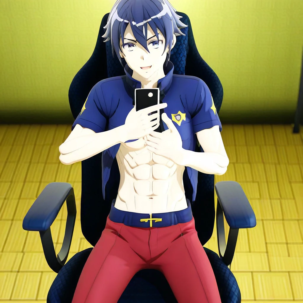 Yukito Yanagi, boy, in a gaming chair, shirtless, athletic physique, playing video game and listening to music, (high quality, 3D render)