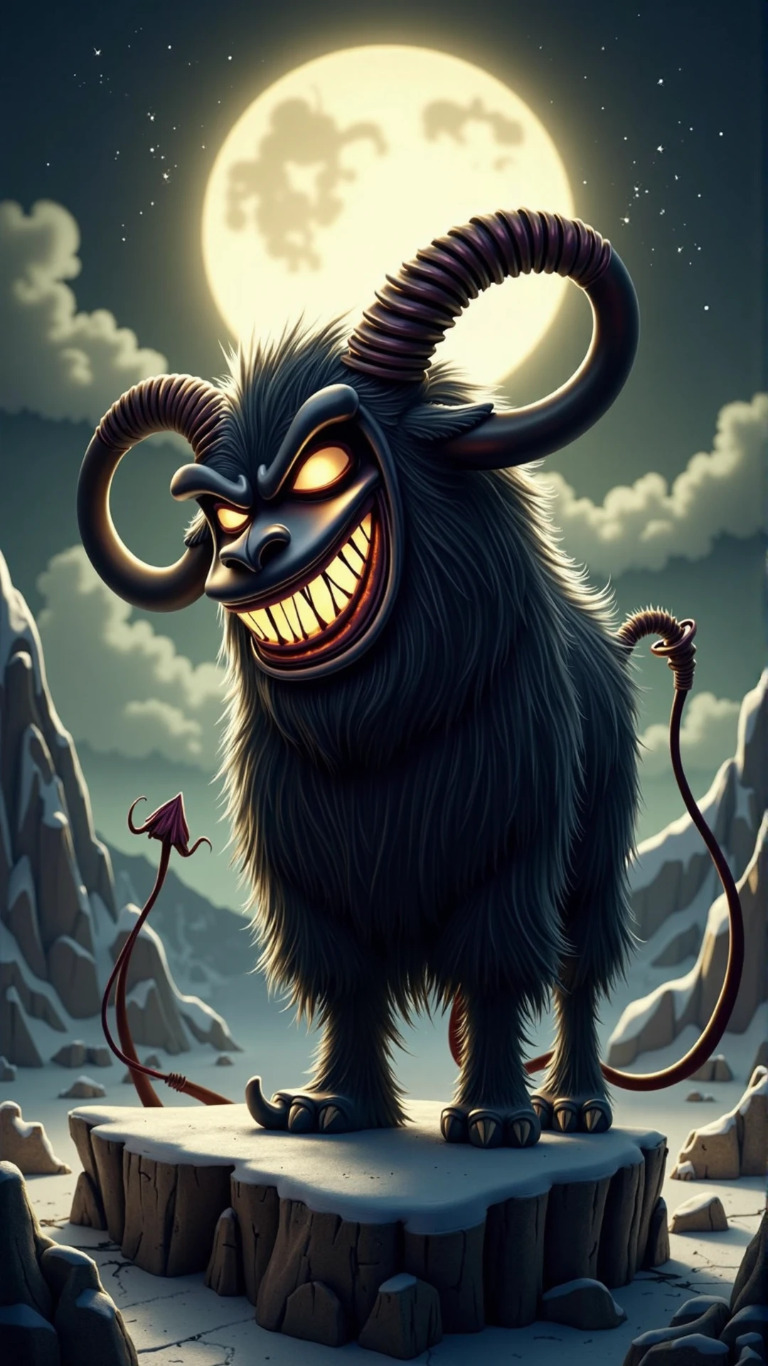 An image of a villainous item: A nefarious, villainous muskox looms in the shadows, its malevolent presence exuding an aura of malice. This wicked creature's smile is a twisted, macabre grin etched into its shaggy fur, resembling a grotesque, evil smirk. The lips, formed by a dark, sinister line of fur, curve upwards into a diabolical smile, hinting at the muskox's devious intentions. Its beady eyes gleam with a wicked intelligence, as if plotting the downfall of its next victim.
The villainous muskox's body is massive and imposing, its thick, black coat glistening in the dim light. A pair of curved horns protrude from its forehead, like wicked scimitars, adding to its menacing appearance. The overall design of the muskox exudes a sense of dark, fiendish humor, as if it takes great pleasure in the suffering of others.
The scene is set in a dark, foreboding Arctic landscape, with snow-covered mountains looming in the background. The sky is a deep, ominous grey, with storm clouds gathering on the horizon. The air is crisp and cold, and the only sound is the howling of the wind through the desolate landscape. A full moon casts an eerie glow over the scene, illuminating the villainous muskox as it stands atop a rocky outcropping, surveying its dominion with a malevolent grin.<lora:VillainousStyleFlux:1>